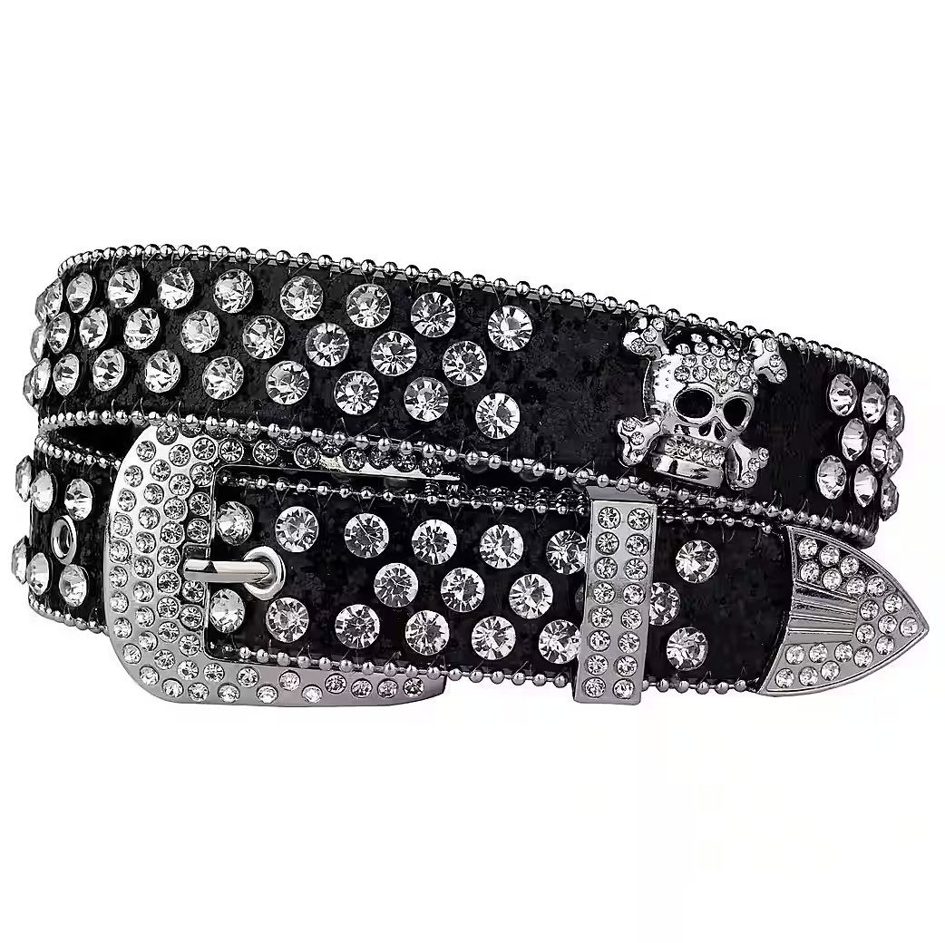 Ware aus aller Welt Nietengürtel für Herren Damen Totenkopf Gürtel mit Strasssteinen Punk Gothic