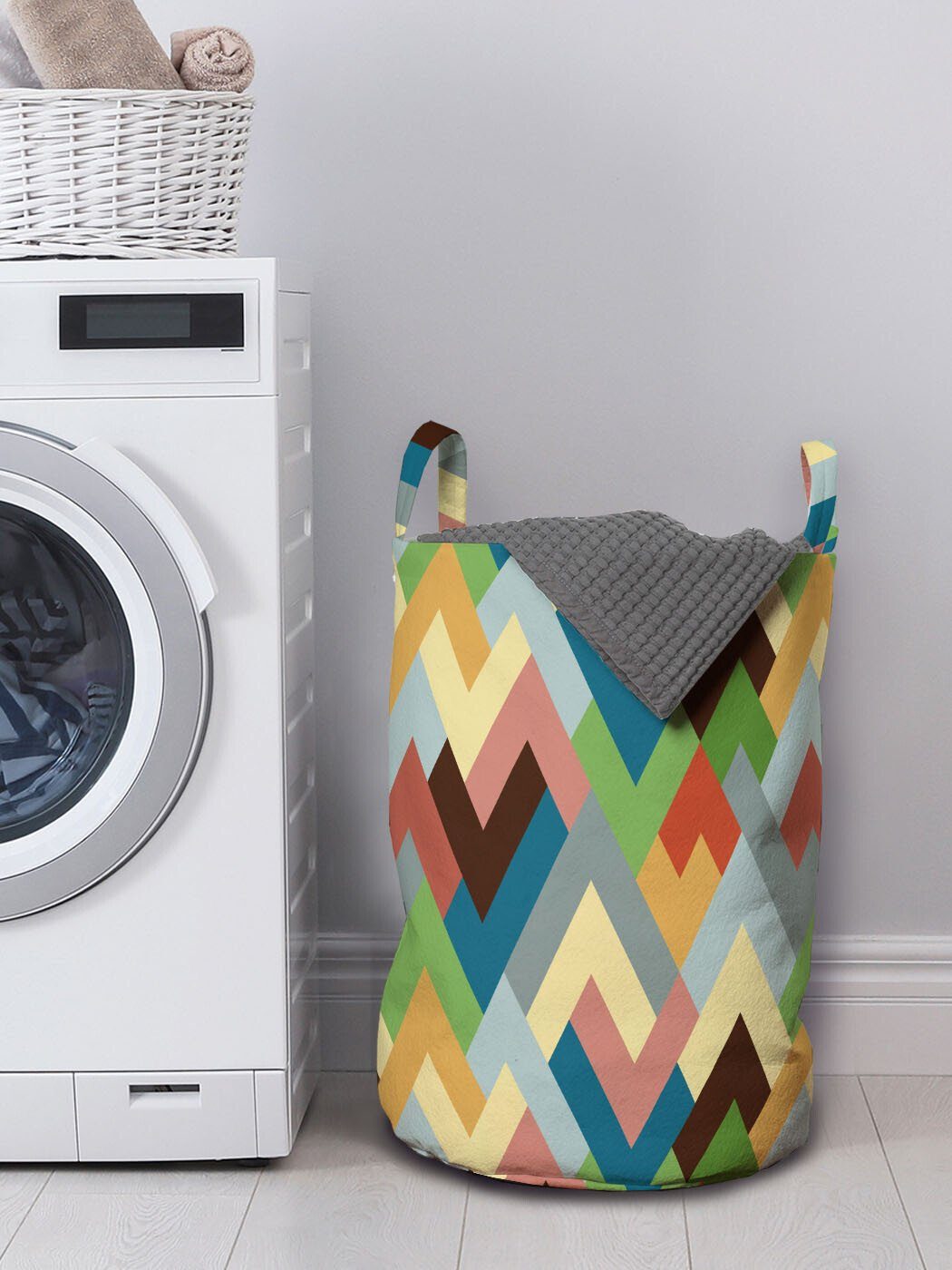 Abakuhaus Wäschesäckchen Wäschekorb mit Griffen Geometrisch Kordelzugverschluss Zick-Zack-Formen für Waschsalons, Geschnittene