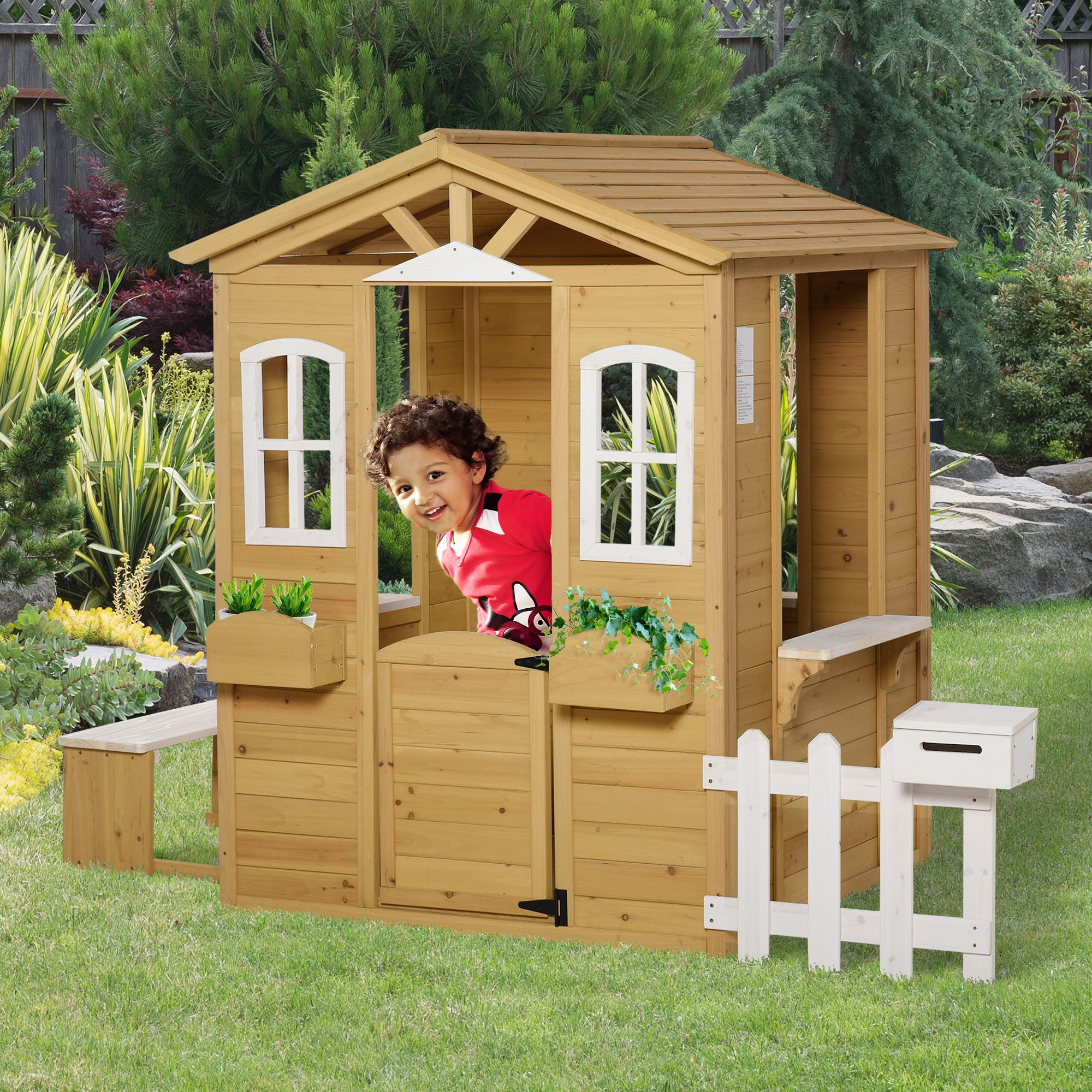 Outsunny Spielhaus mit Tür, Fenster, Pflanzkasten, günstig online kaufen