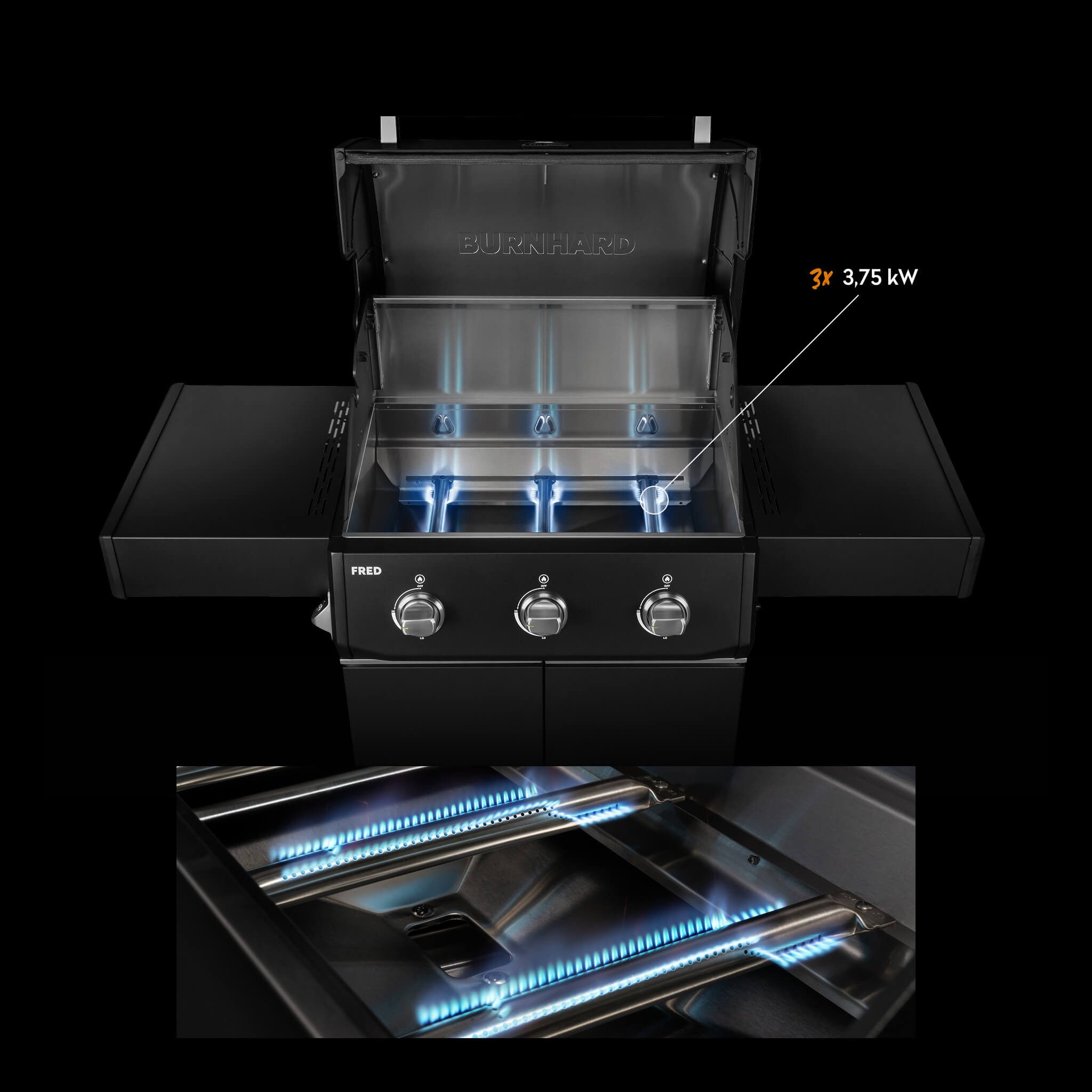 BURNHARD® Gasgrill 3-Brenner, 9,6 kW, Edelstahl-Stabbrenner, Piezo-Zündung, Gussrost, große Grillfläche, stabile Alu-Seitenteile – FRED Base, stabile Alu-Seitenteile – FRED Base