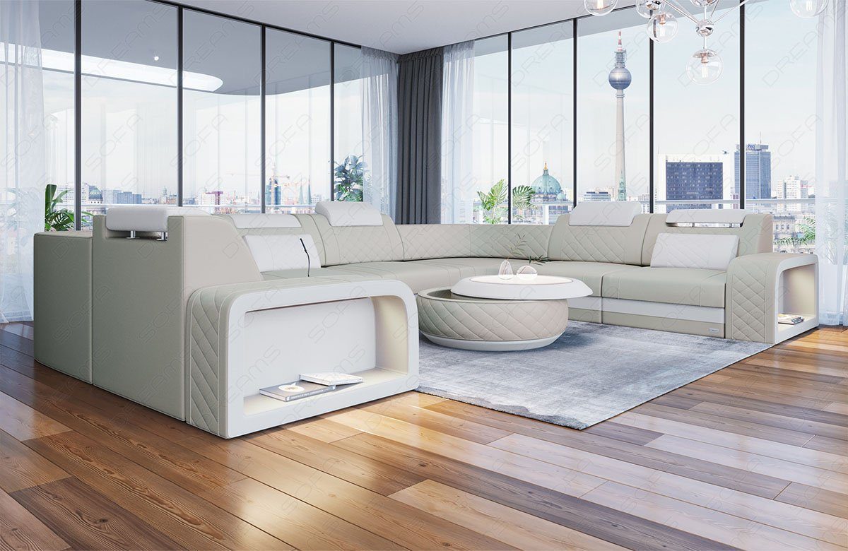Sofa Dreams Wohnlandschaft Ledersofa Couch Form verstellbare LED, Designersofa U mit Sofa, Foggia Kopstützen, Leder