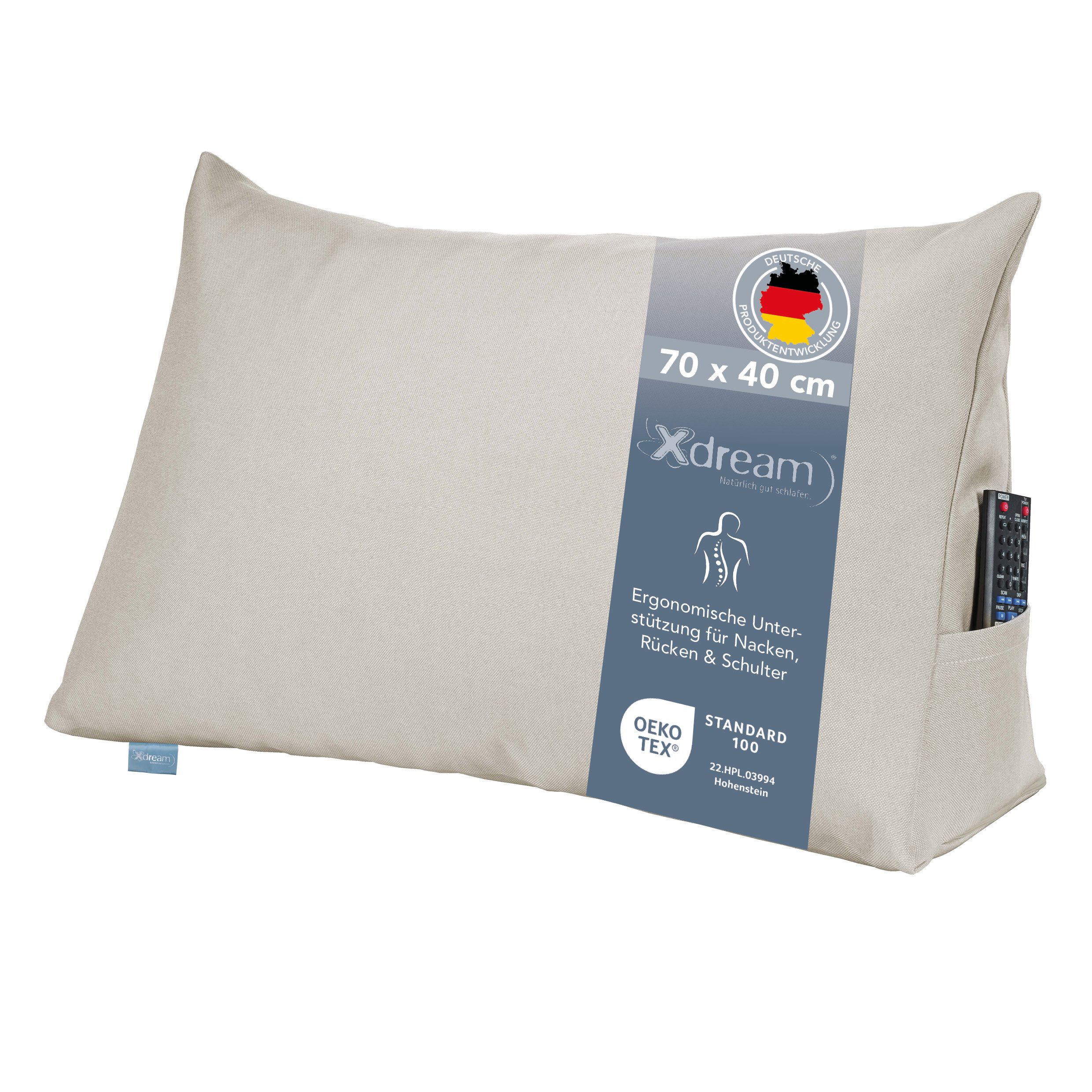 XDREAM Rückenkissen ergonomisches Keilkissen für Bett und Sofa, 1-tlg., als Kopfkissen oder Venenkissen verwendbar, mit praktischem Seitenfach