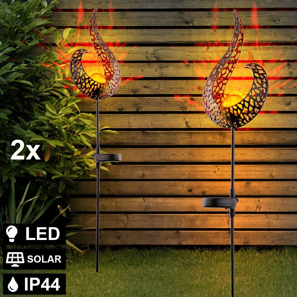 etc-shop LED Gartenleuchte, LED-Leuchtmittel fest verbaut, Warmweiß, 2er  Set LED Solar Außen Lampen Garten Steck Strahler Flammen