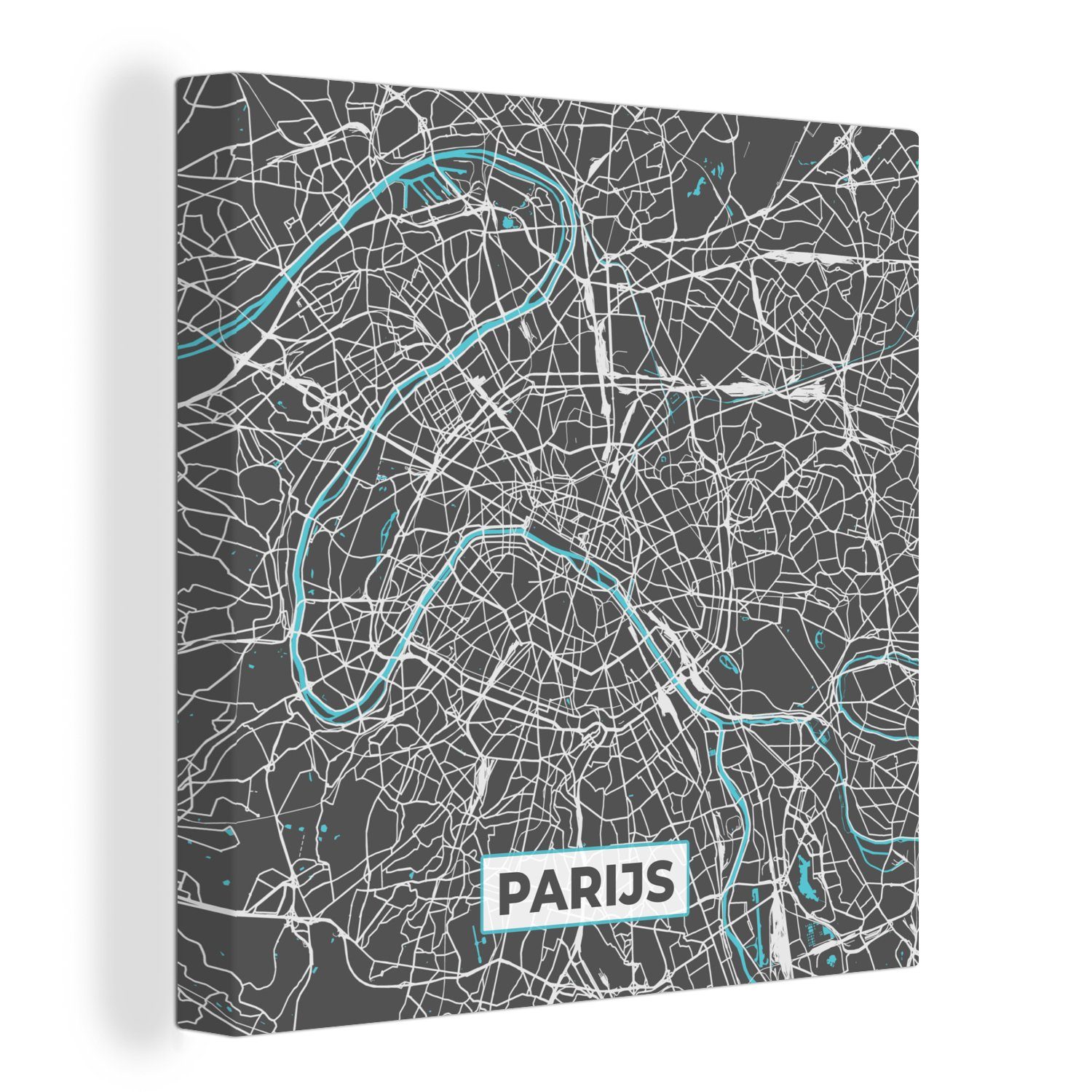 OneMillionCanvasses® Leinwandbild Paris - Stadtplan - Blau - Karte, (1 St), Leinwand Bilder für Wohnzimmer Schlafzimmer