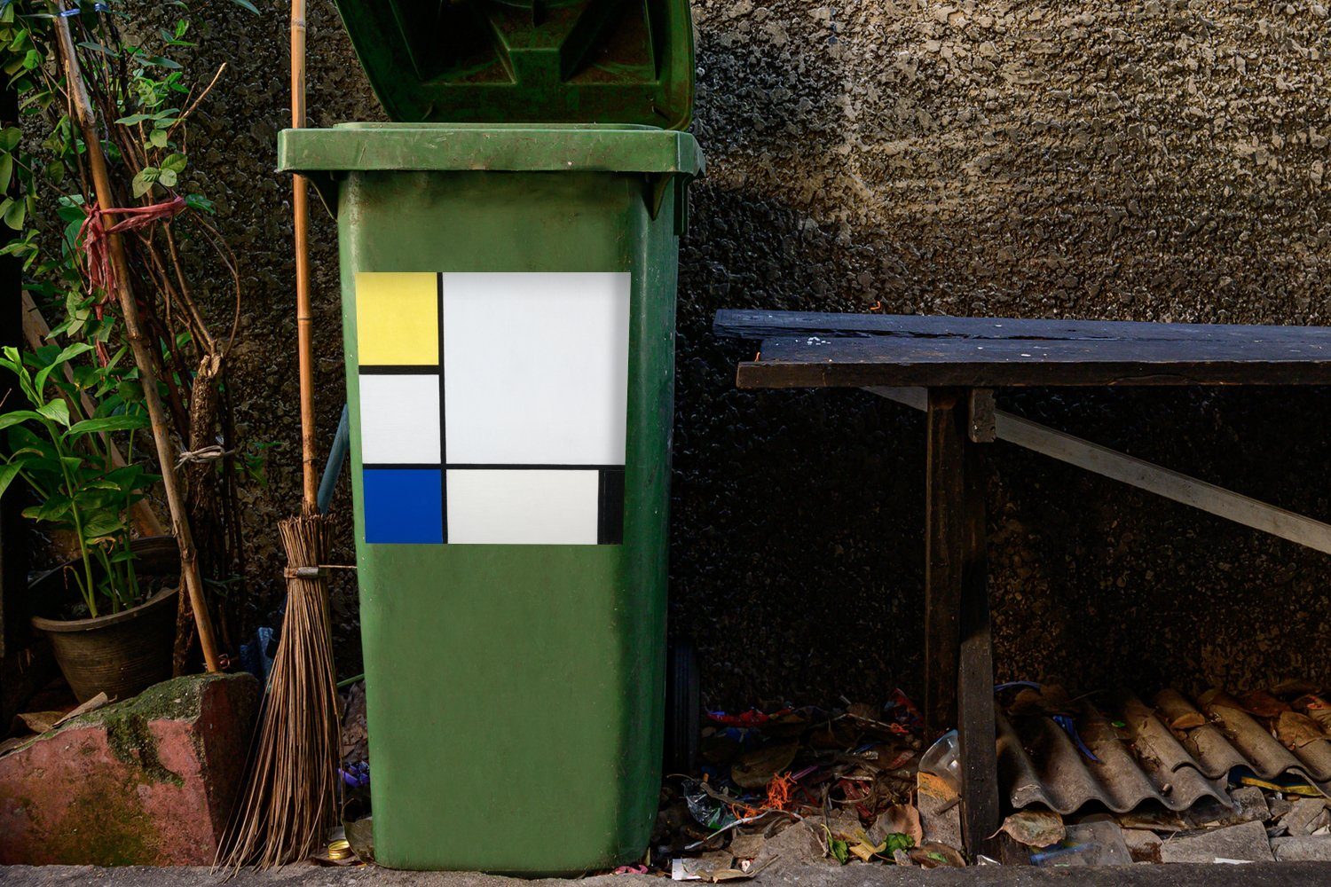 und Schwarz MuchoWow Container, Blau Sticker, Mülltonne, Komposition Gelb, Wandsticker Mondrian - Piet St), (1 mit Abfalbehälter Mülleimer-aufkleber,
