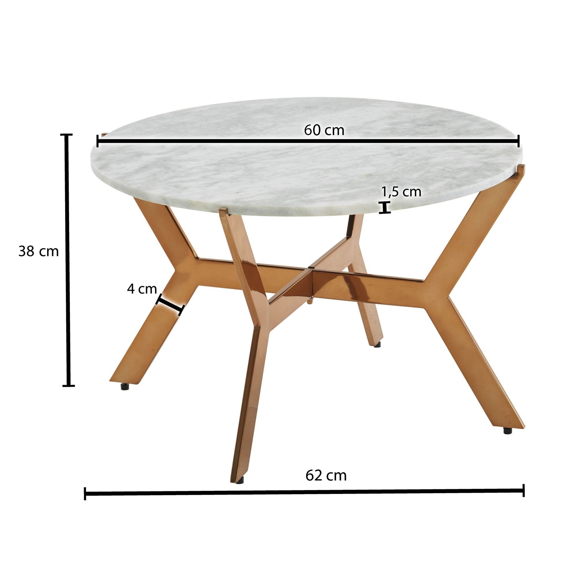 WL6.626 Wohnzimmertisch Marmor 62x62x38 Couchtisch Wohnling Rund), cm Weiß Gold (Echter Sofatisch / Metall, Modern