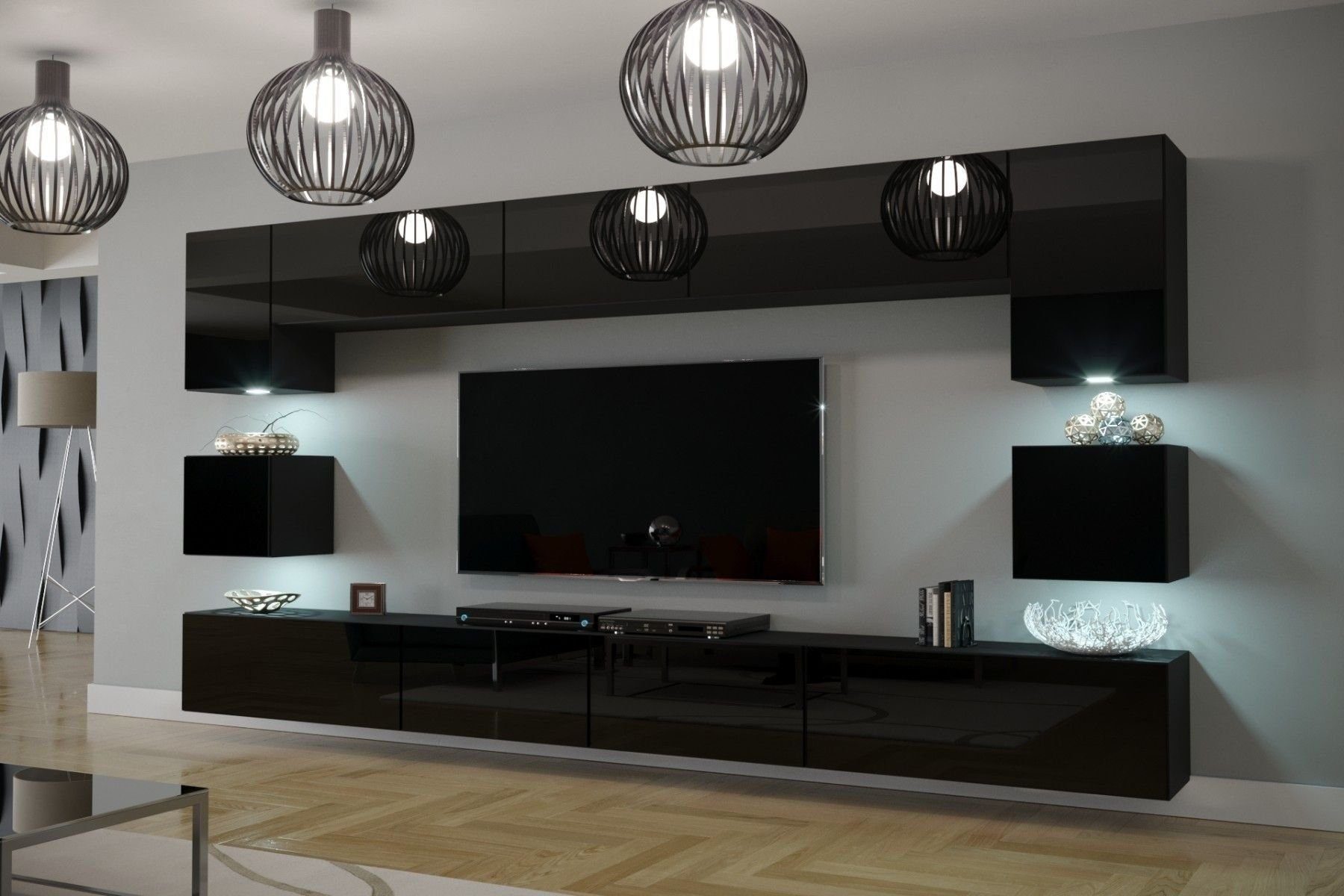 ROYAL24_MARKT Wohnwand - Hochwertige Wohnwand: Premium Material für dein Wohnzimmer, (Komplett Set, 11-St., LED Beleuchtung), Funktionalität - Stil und Design - Größe und Platzbedarf Schwarz