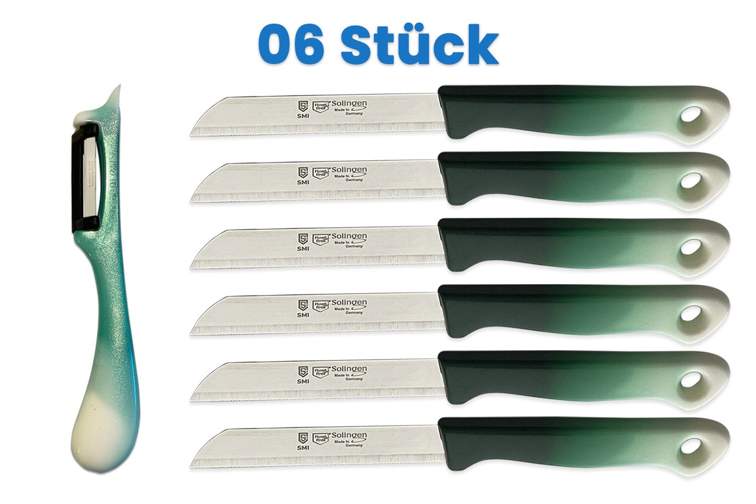 SMI Schälmesser 6-tlg Schälmesser Solingen Sparschäler Obstmesser Gemüsemesser, Wellenschliff - Rechts- und Linkshänder nach klingen wechseln