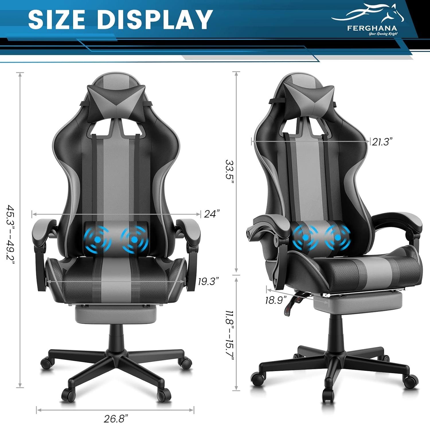Ferghana Gaming Chair, Gaming Chair Kopfstütze Racing Fußstütze mit Stuhl Lendenkissen und PC
