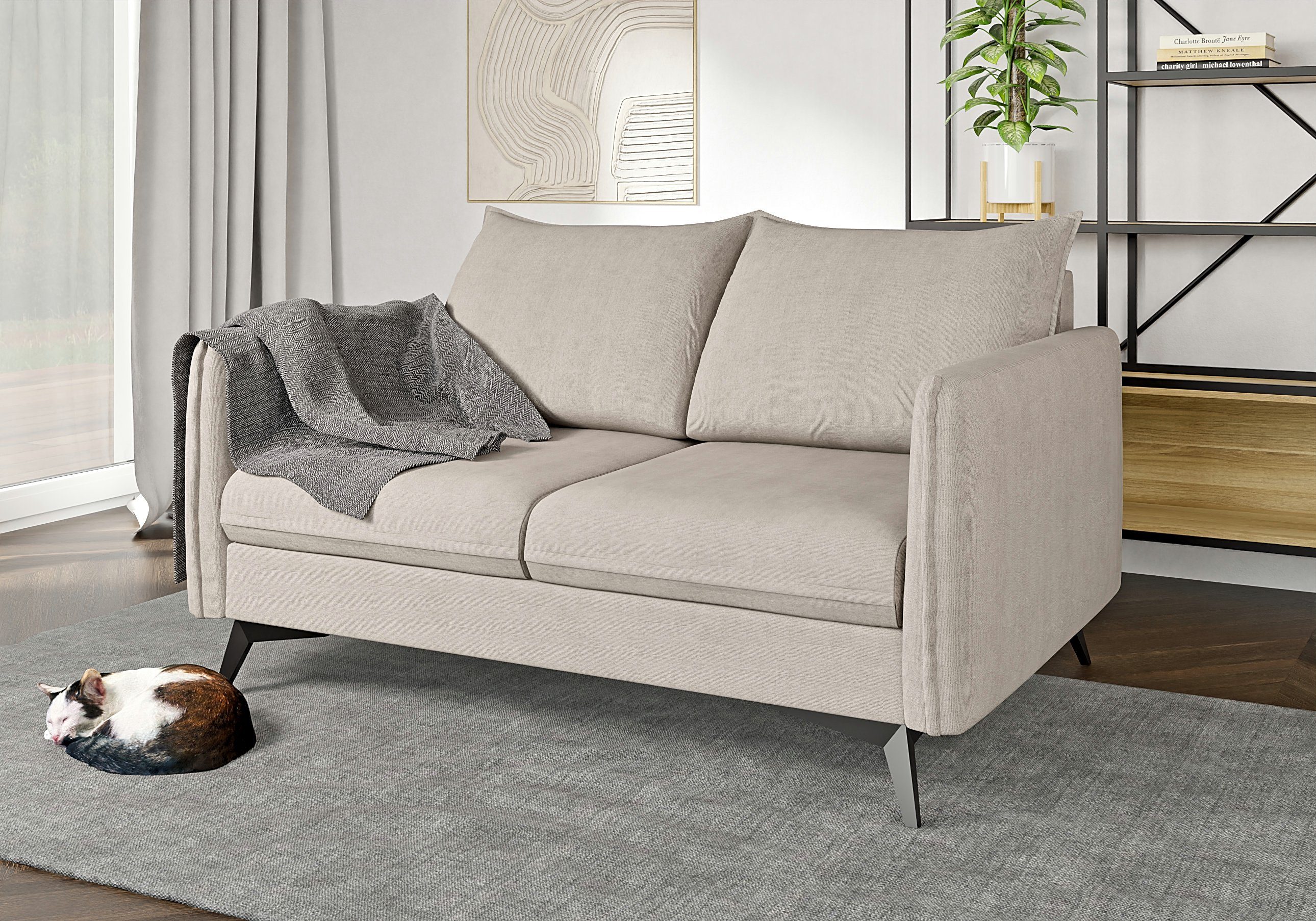 mit Schwarz mit Beige Möbel Azalea Wellenfederung Modernes Füßen, Metall 2-Sitzer Sofa S-Style