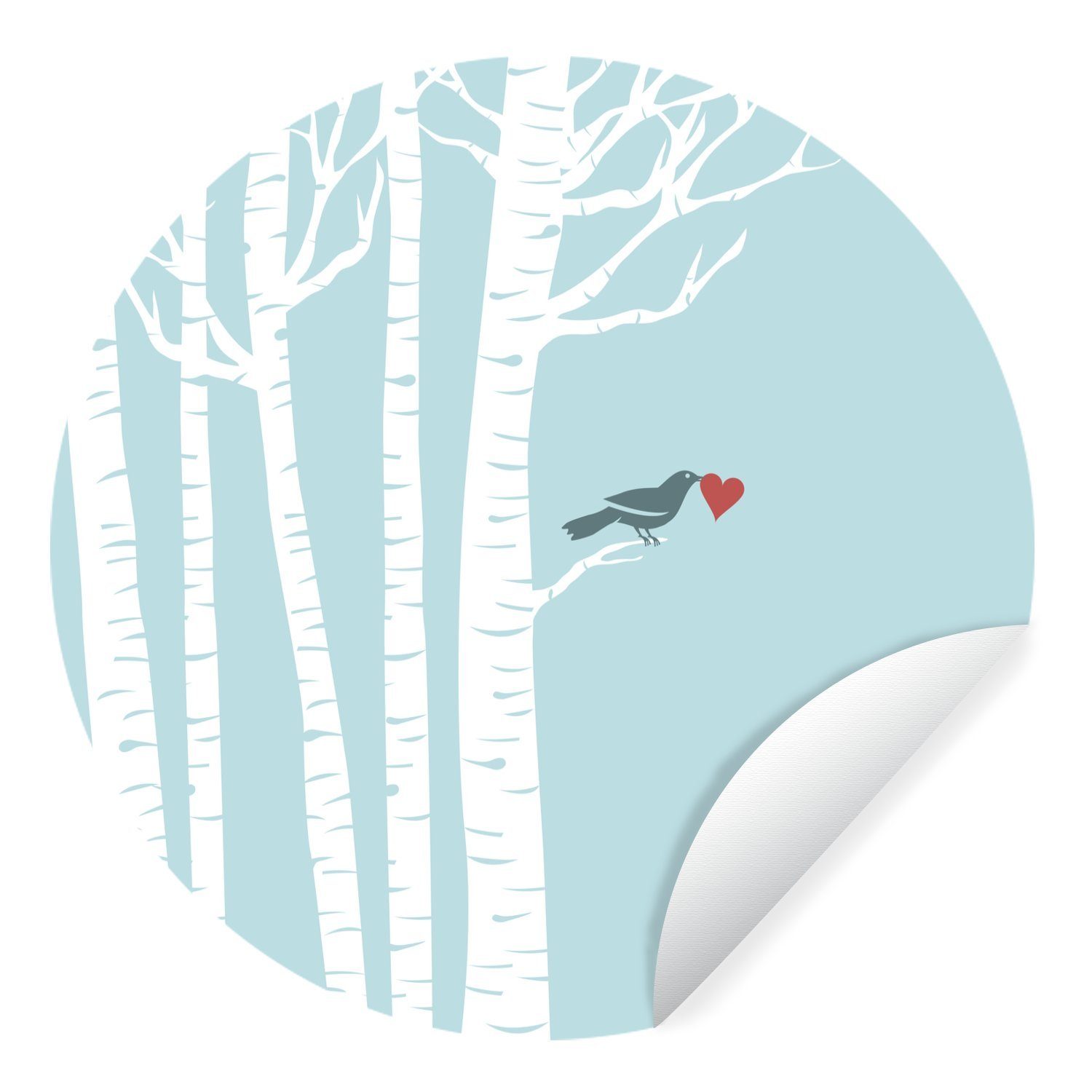 MuchoWow Wandsticker Eine Illustration eines Vogels mit Herz in einer Birke (1 St), Tapetenkreis für Kinderzimmer, Tapetenaufkleber, Rund, Wohnzimmer