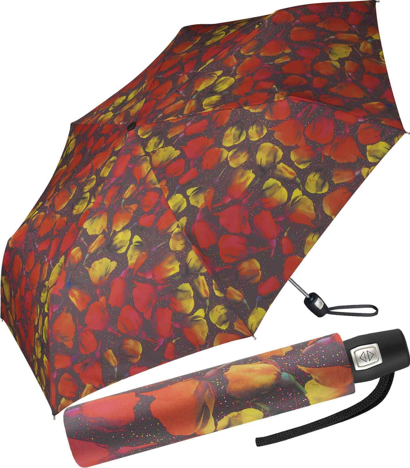 Pierre Cardin Taschenregenschirm schlanker Damen-Taschenschirm mit Auf-Zu-Automatik, mit stilvollem orangefarbenen Blumen-Muster