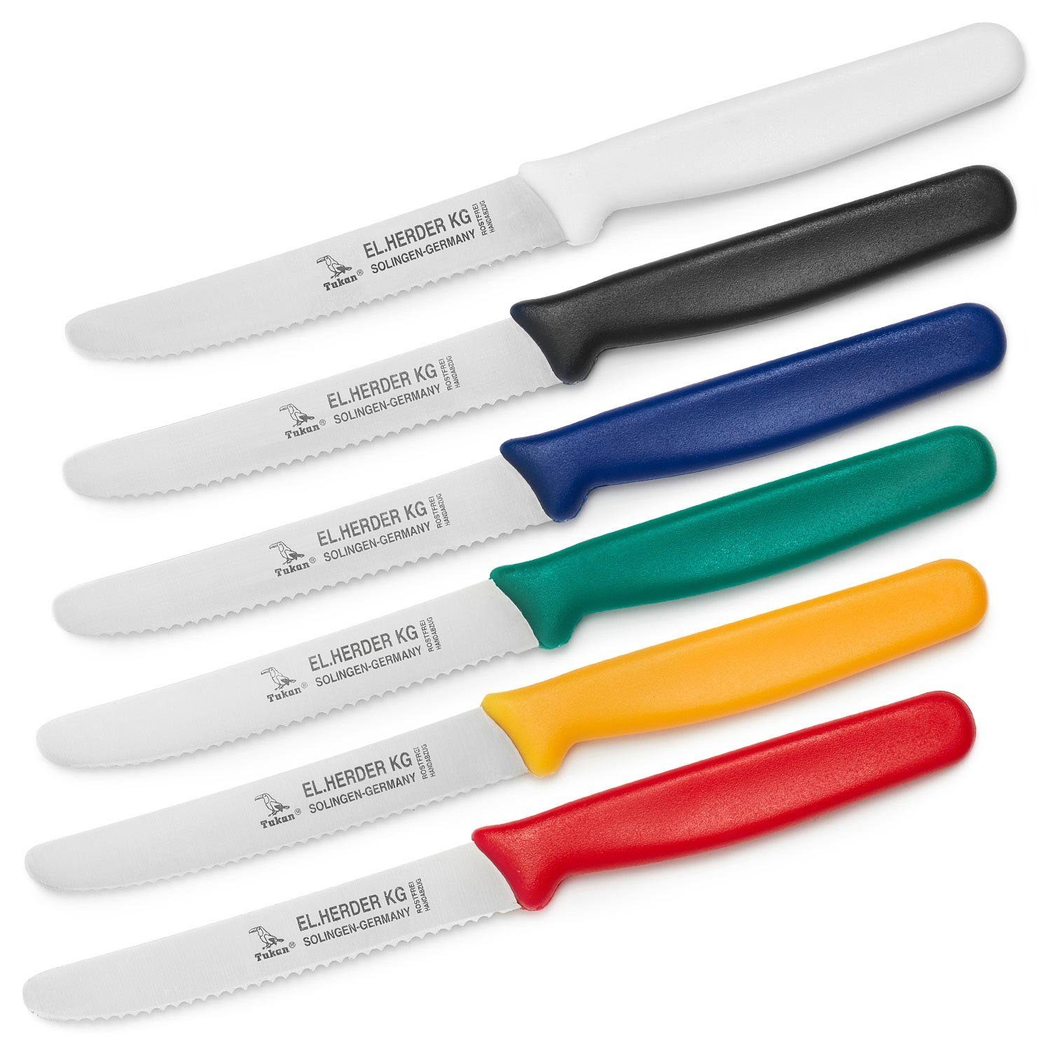 Landshop24 Brötchenmesser Brotmesser Tomatenmesser Tafelmesser 6er Set farbig, Edelstahl (Spezialstahl 1.4116) konisch geschliffen