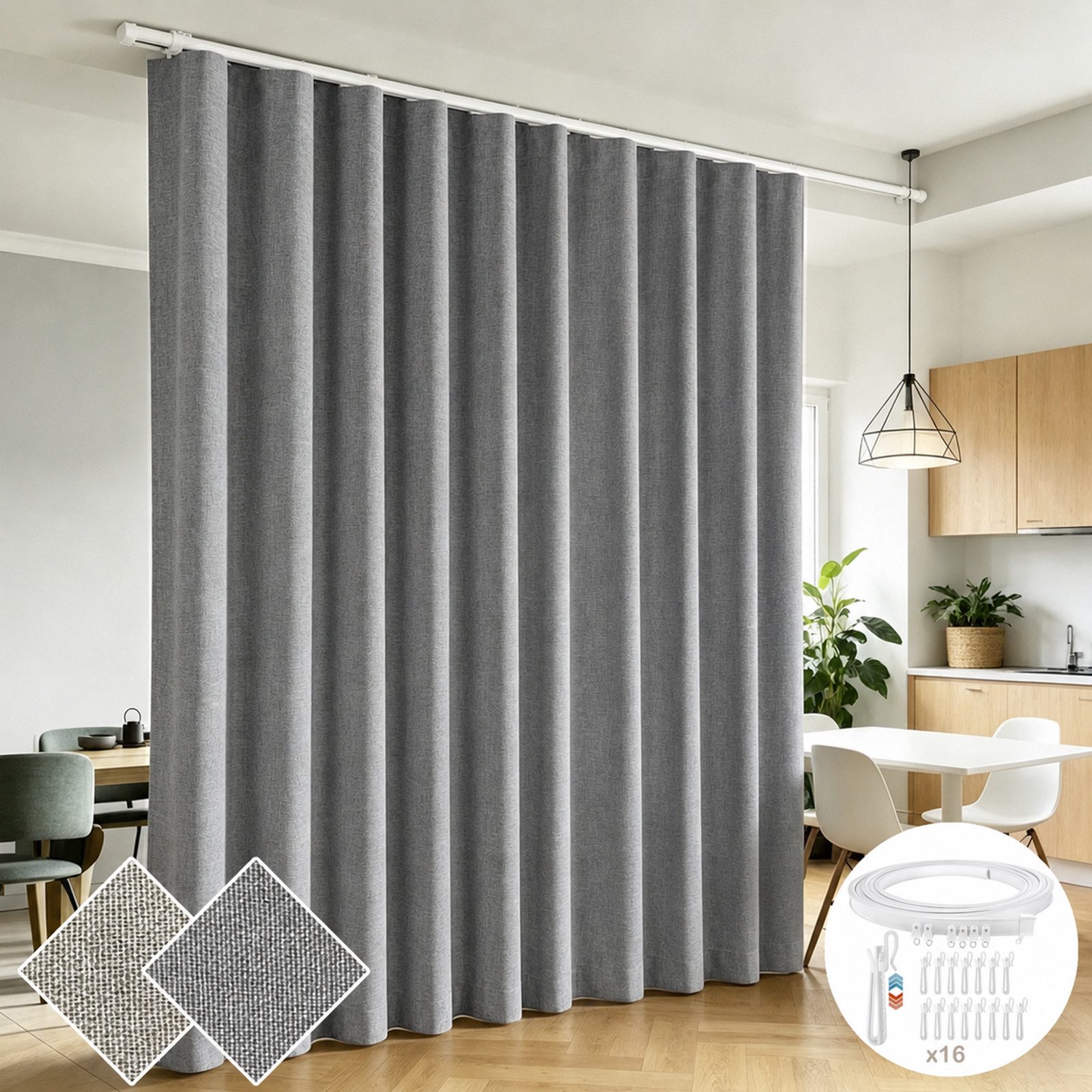 Lapamax Gardine 100 % Blickdicht Raumteiler Vorhang mit Schienen, Divider Raumtrenner, Thermo Verdunklungsvorhang mit Kräuselband, Sichtschutz