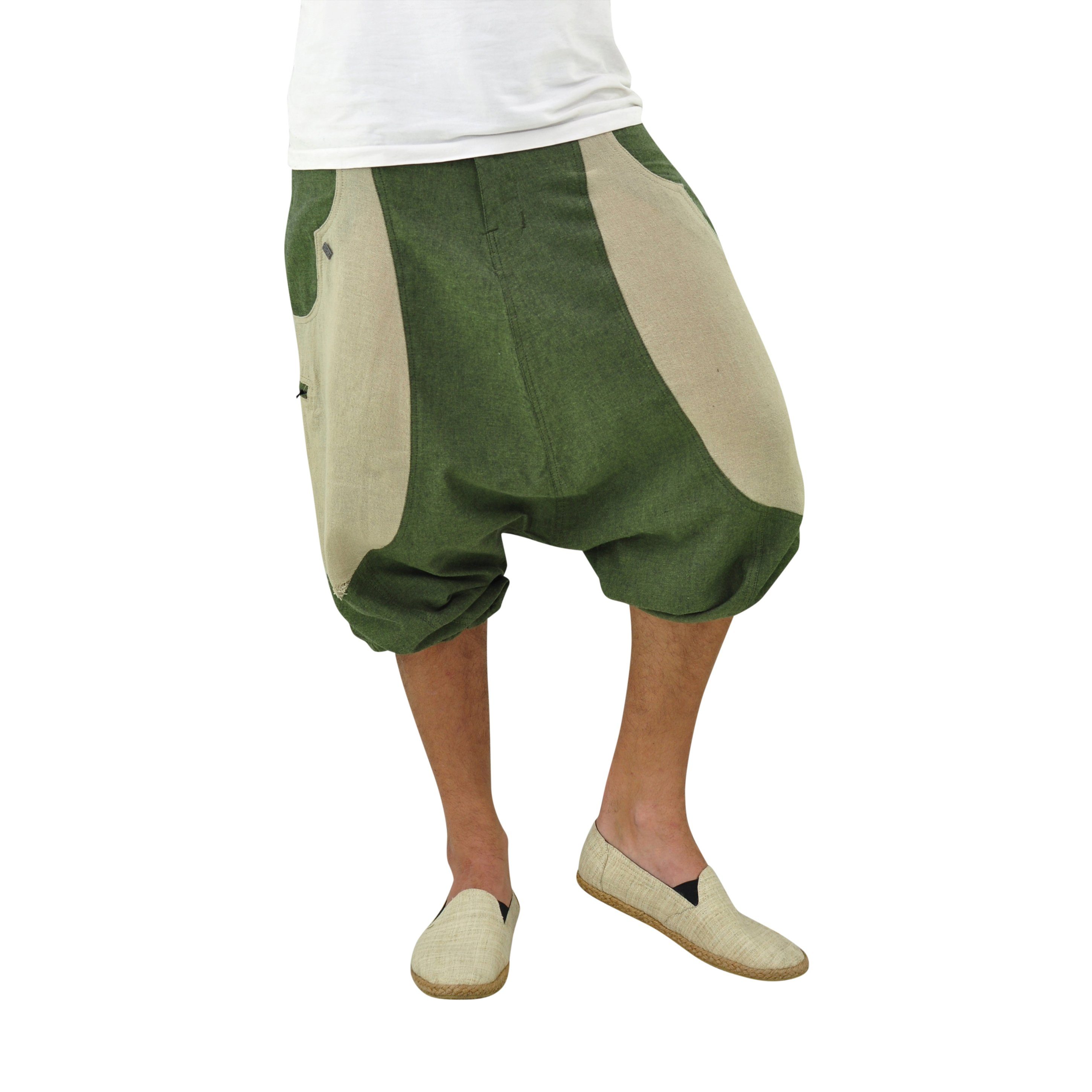 Shorts kurz Farbblock-Design, Goa Hose Damen, fallender Unisex, Herren 2 & virblatt kurze Schritt, Haremshose Reißverschlusstaschen mitteltief Haremshose grün