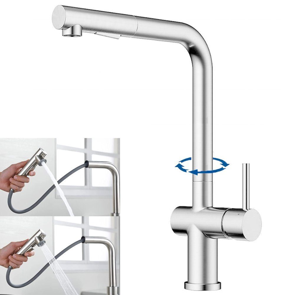 XIIW Spültischarmatur Küchenarmatur Wasserhahn Ausziehbar,360° Drehbar Spültischarmatur (Messing Mischbatterie,Rohr max. 40cm,mit 2 Funktionen Brause) Höhe: 320 mm Chrome