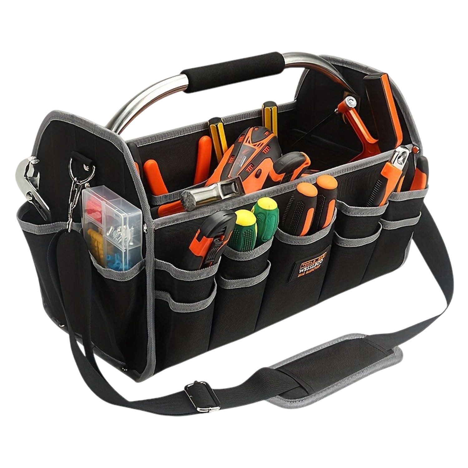 Refttenw Инструментtasche Offene Инструментtasche mit 26 Taschen, 41×22×27 cm, Oxford-Gewebe, Metall-Handgriff, Abnehmbarer Schultergurt, Schwarz