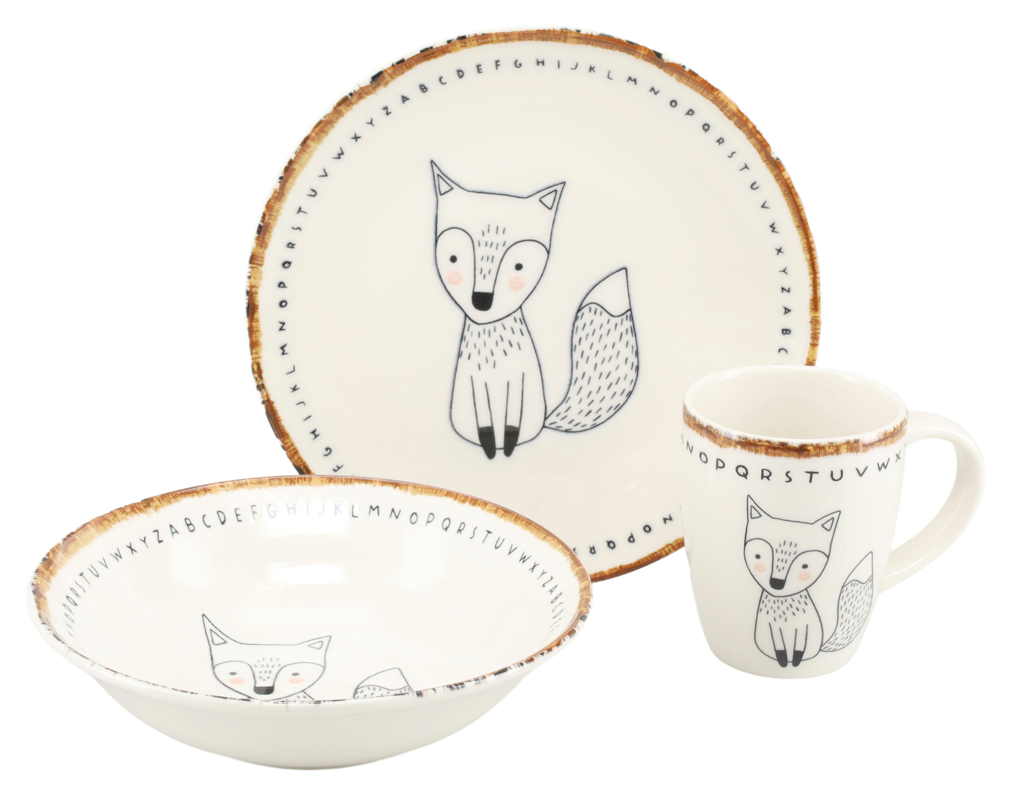 CreaTable Kindergeschirr-Set Freunde des Waldes Fuchs, Kinder Set 3-tlg. (3-tlg), 1 Personen, Steinzeug, Tiermotive, skandinavischer Stil, unregelmäßiger brauner Rand