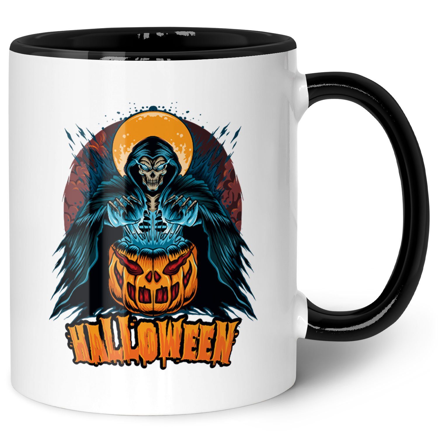 GRAVURZEILE Tasse mit Motiv im Halloween Reaper Design, Keramik, Farbe: Schwarz & Weiß