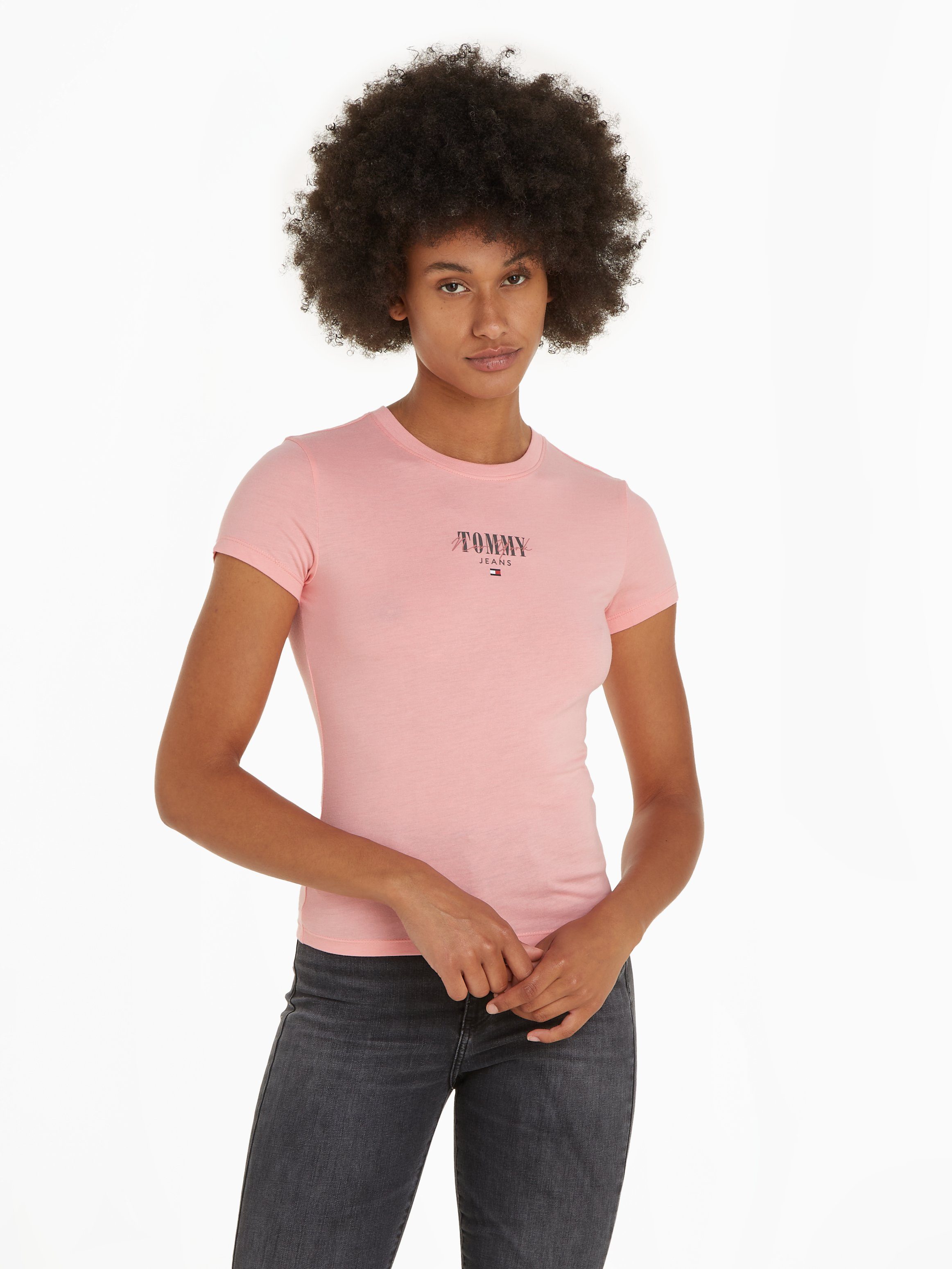 Tommy Jeans Rundhalsshirt Rib Slim Essential Logo Rippshirt, feines Jersey Rippe, elastisch mit Tommy Jeans Logo