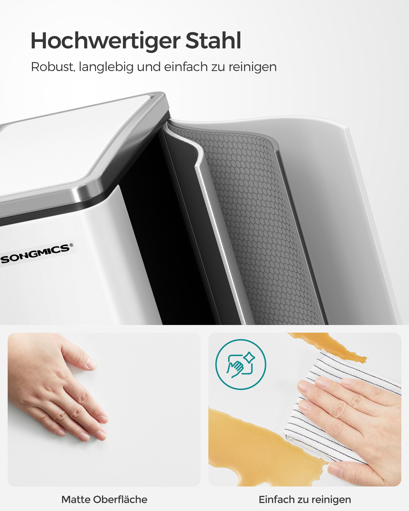 SONGMICS Mülleimer 2 Fächer, Mülltrennsystem, Treteimer, Abfalleimer Küche, 15 Müllsäcke, 2 x 15 L, Inneneimer aus Kunststoff, Klappdeckel, Softclose, luftdicht
