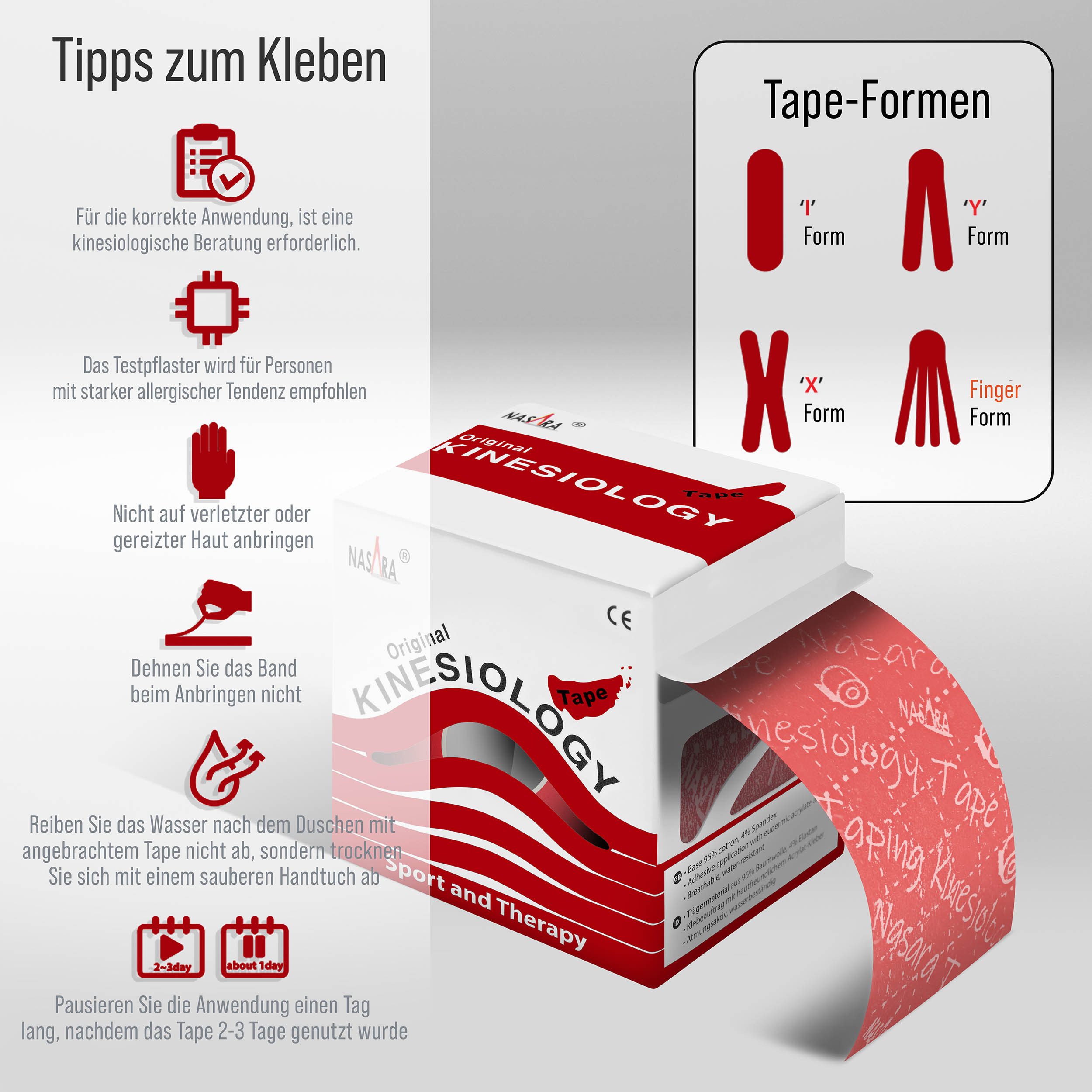 NASARA Kinesiologie-Tape 5m x 5 cm Rolle Sport- und Pysiotape mit langer Haftdauer in Rot 5m x 50 mm