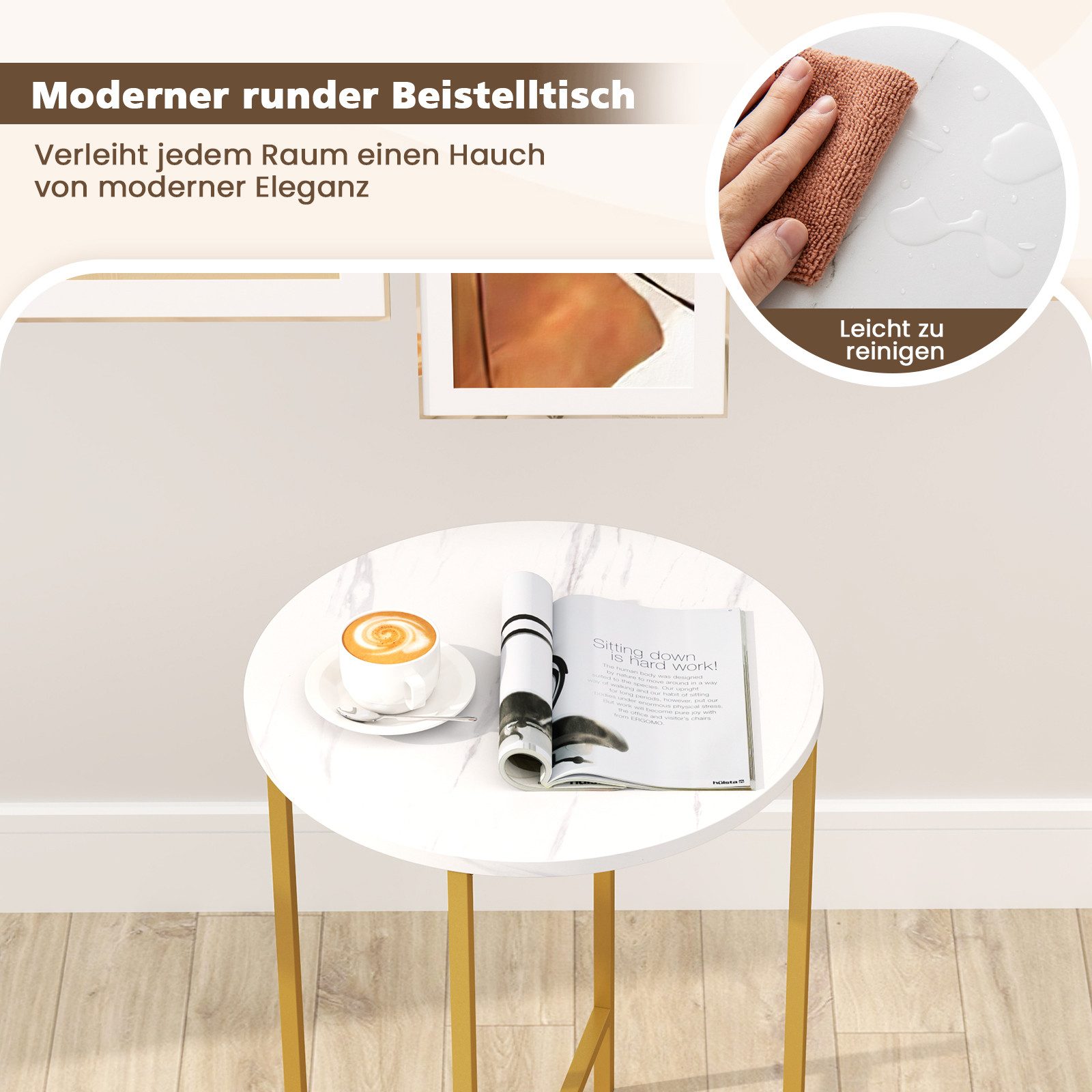 COSTWAY Beistelltisch, rund, mit Stoffkorb, Marmor, 2 Ebenen Nachttisch