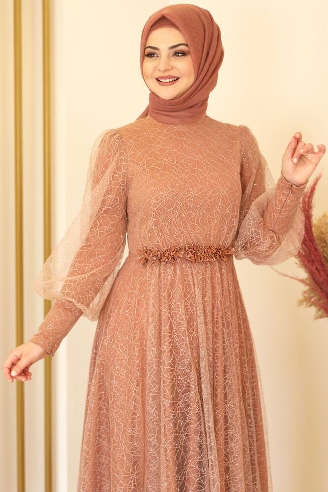 Tüllkleid Hijab Kleid langärmliges Abiye Abaya Abendkleid Modavitrini Maxikleid silbriges Hellbraun