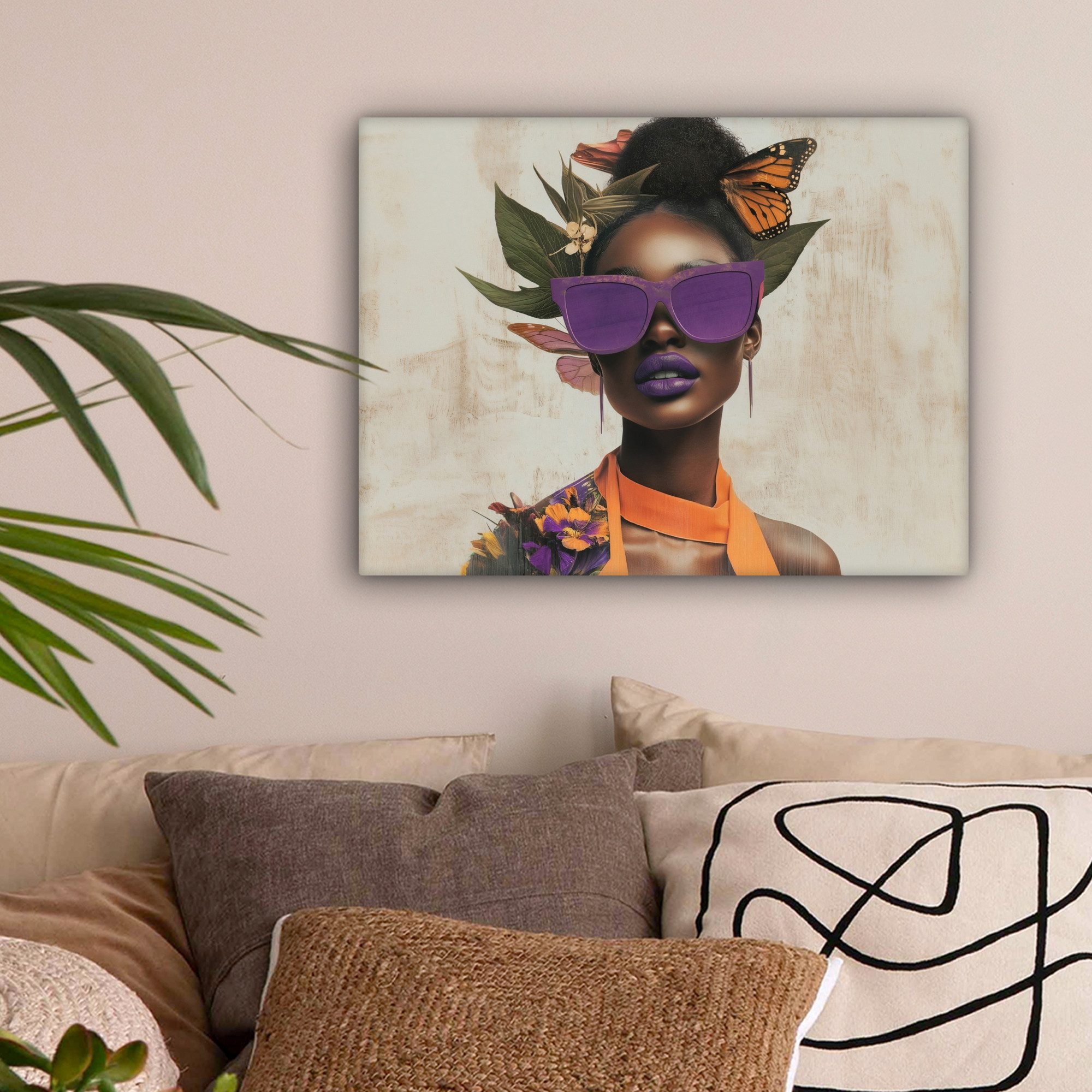 OneMillionCanvasses® Leinwandbild Frau - Sonnenbrille - Schmetterling - Blumen, Fotodruck (1 St), Wandbild Leinwandbilder, Aufhängefertig, Wanddeko 40x30 cm