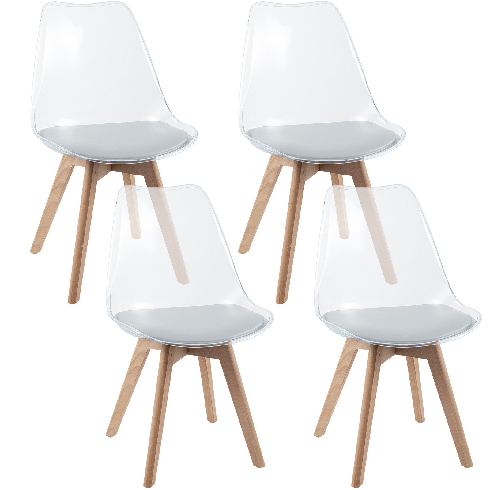 COSTWAY Esszimmerstuhl, 4er Set, gepolstert, transparent mit Massivholz Beine 150kg