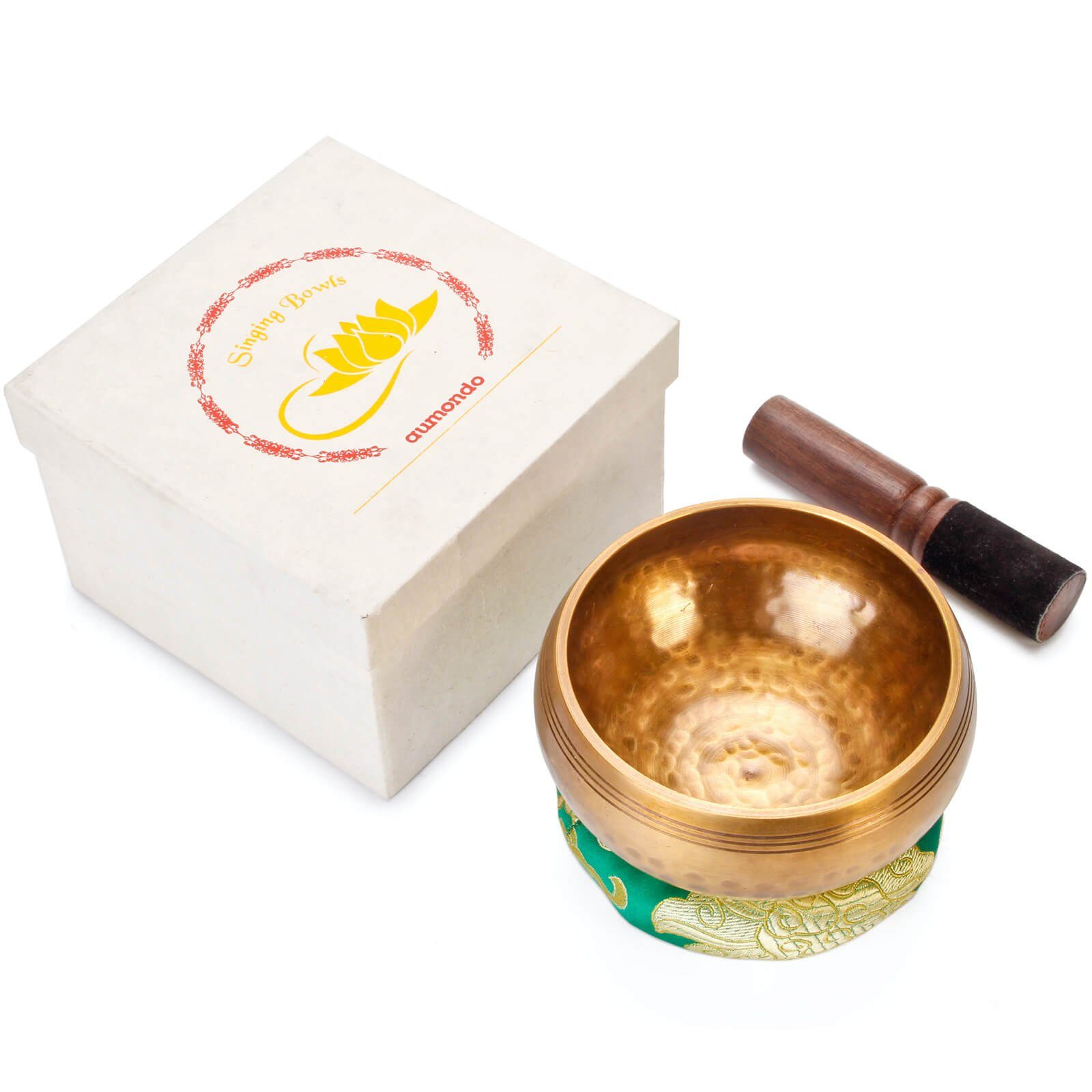 aumondo Percussion-Set Original Tibetische Klangschale, 13 cm groß, handgefertigt. Set in Geschenk-Box.