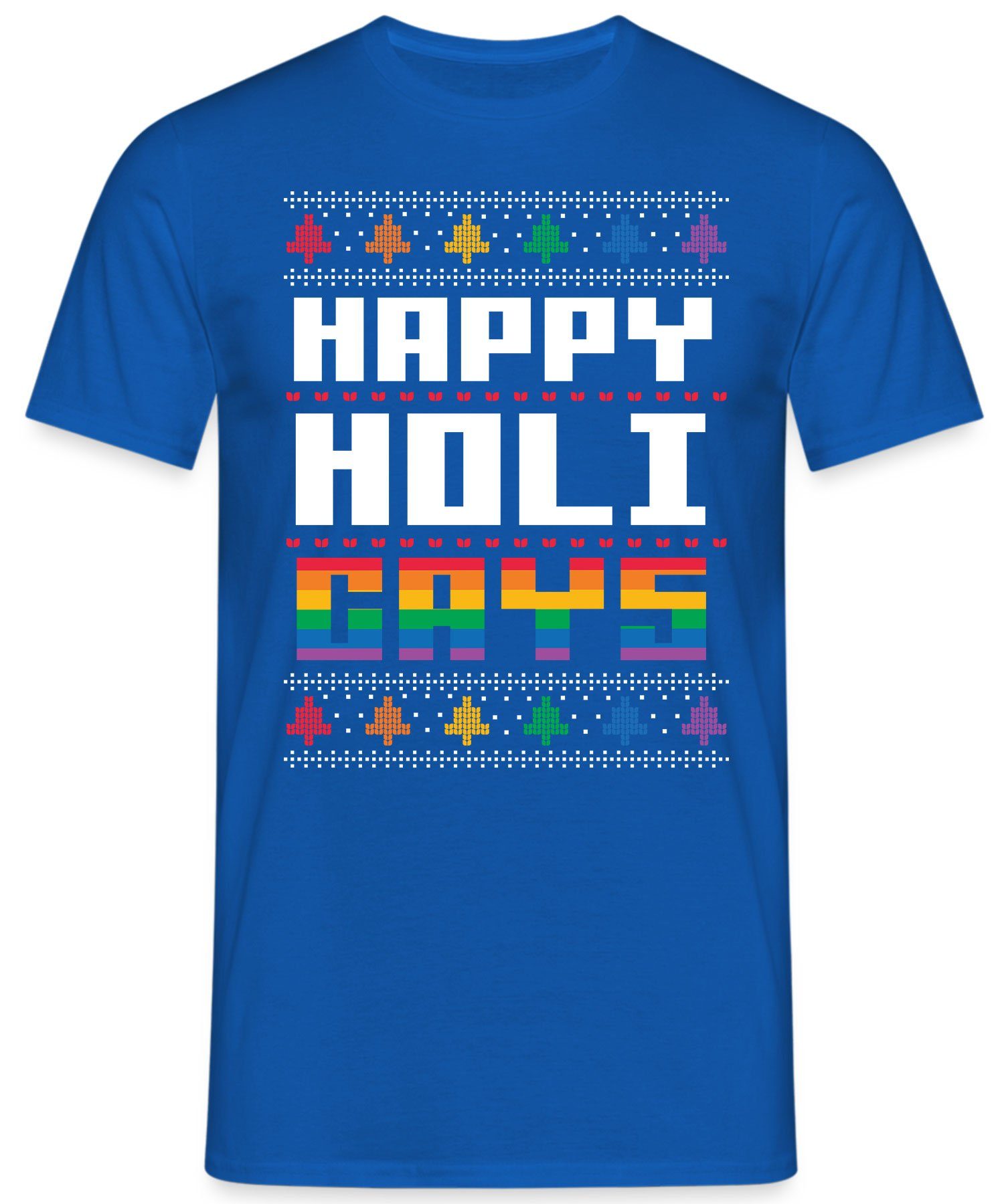 Weihnacht (1-tlg) - Christmas Gays Weihnachten Gay Quattro Kurzarmshirt X-mas Happy Formatee LGBT Regenbogen Blau