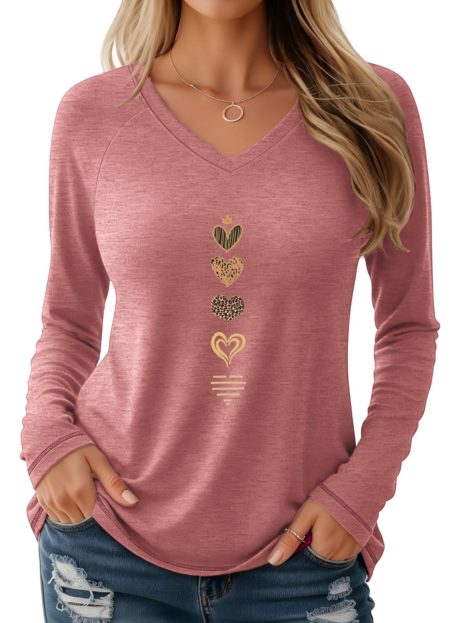 PYLIKE Longsleeve Damen Casual Langarm mit Liebe Druck bequemes V-Shirt Geeignet für den täglichen Gebrauch im Büro und zu Hause