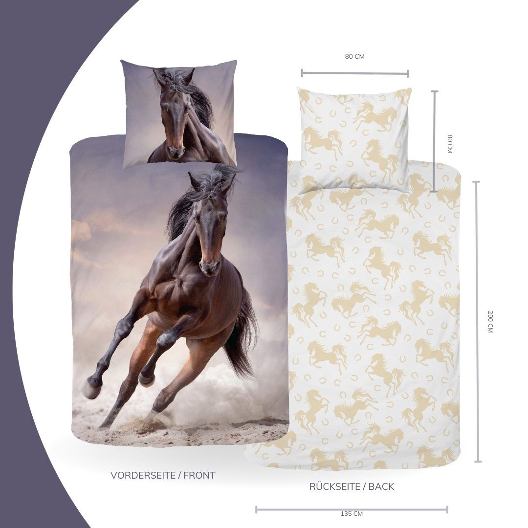 MTOnlinehandel Kinderbettwäsche Pferdebettwäsche 135x200 + 80x80 cm, 100 % Baumwolle, Renforcé, 2 teilig, YKK Reißverschluss · Pferde Motiv für Mädchen & Teenager