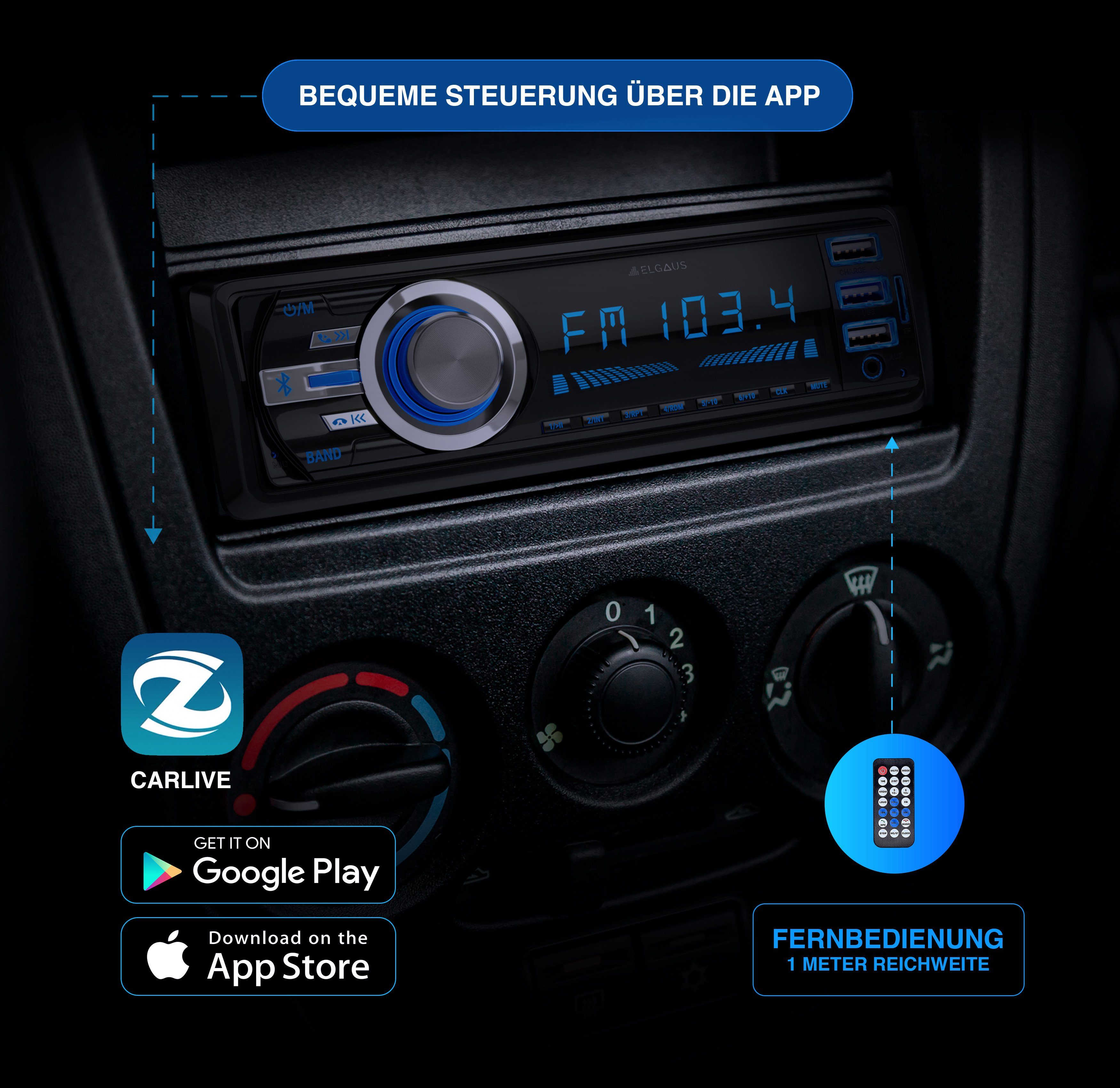 Appsteuerung, DE/EN) 1 (FM/AM, OM-180P RDS, ID3, RDS, Bluetooth, in ELGAUS Din Manual Fernbedienung, Autoradio