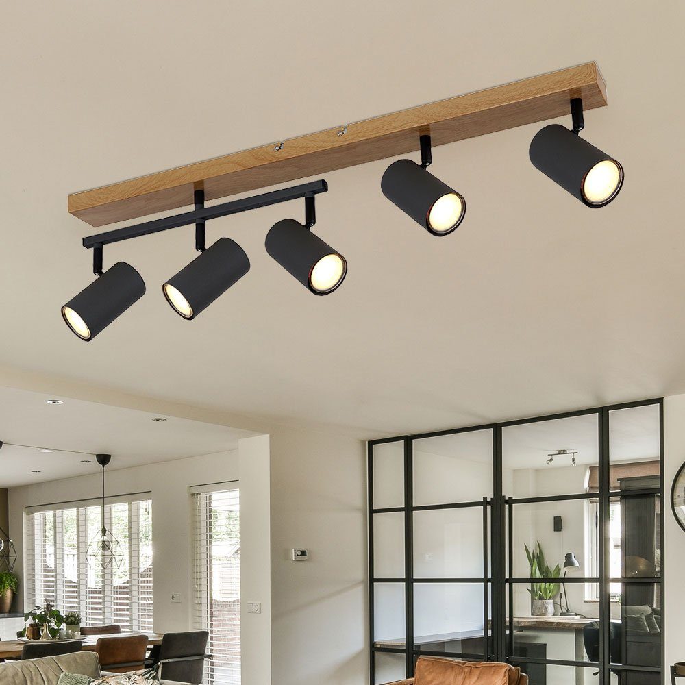 etc-shop Deckenleuchte, Leuchtmittel nicht inklusive, Deckenleuchte Spots Holzoptik Esszimmer GU10 schwarz 5 Flammig