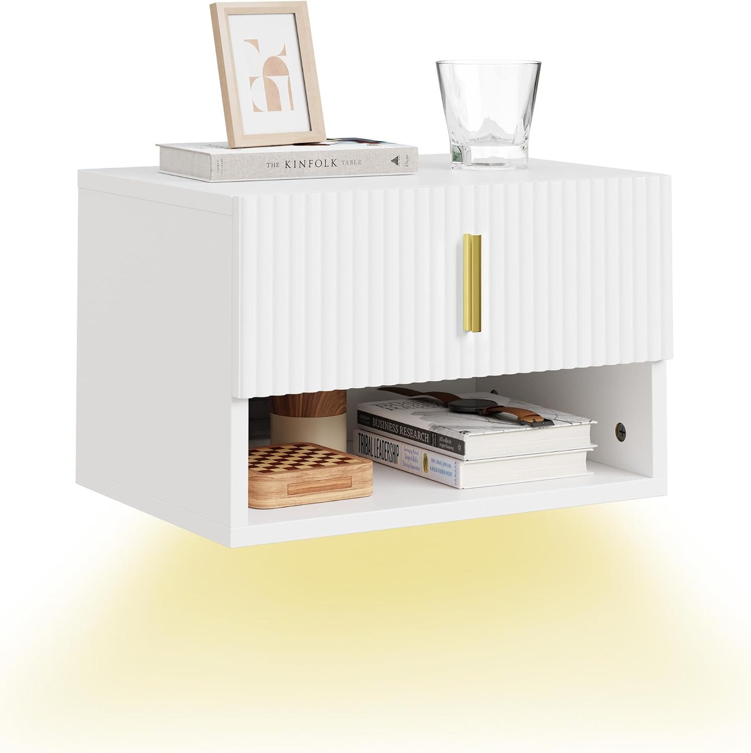 SoBuy Nachttisch FBT176/177, Schwebender Nachttisch mit LED-Sensorleuchte, Wandregal, Nachttisch mit Schublade und Goldgriff, Wandschrank