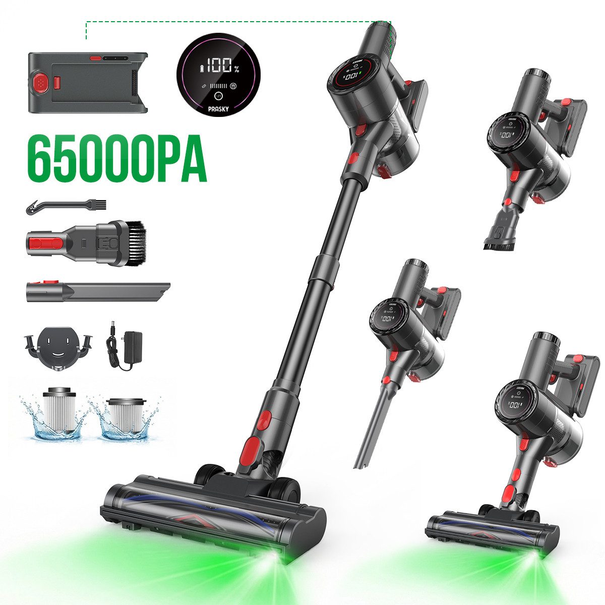 PRASKY Akku-Hand-und Stielstaubsauger P1MAX Staubsauger kabellos, akkustaubsauger, Externe Akkuanzeige, mit Beutel, 65000Pa Netzteil im Lieferumfang enthalten staubsauger kabellos