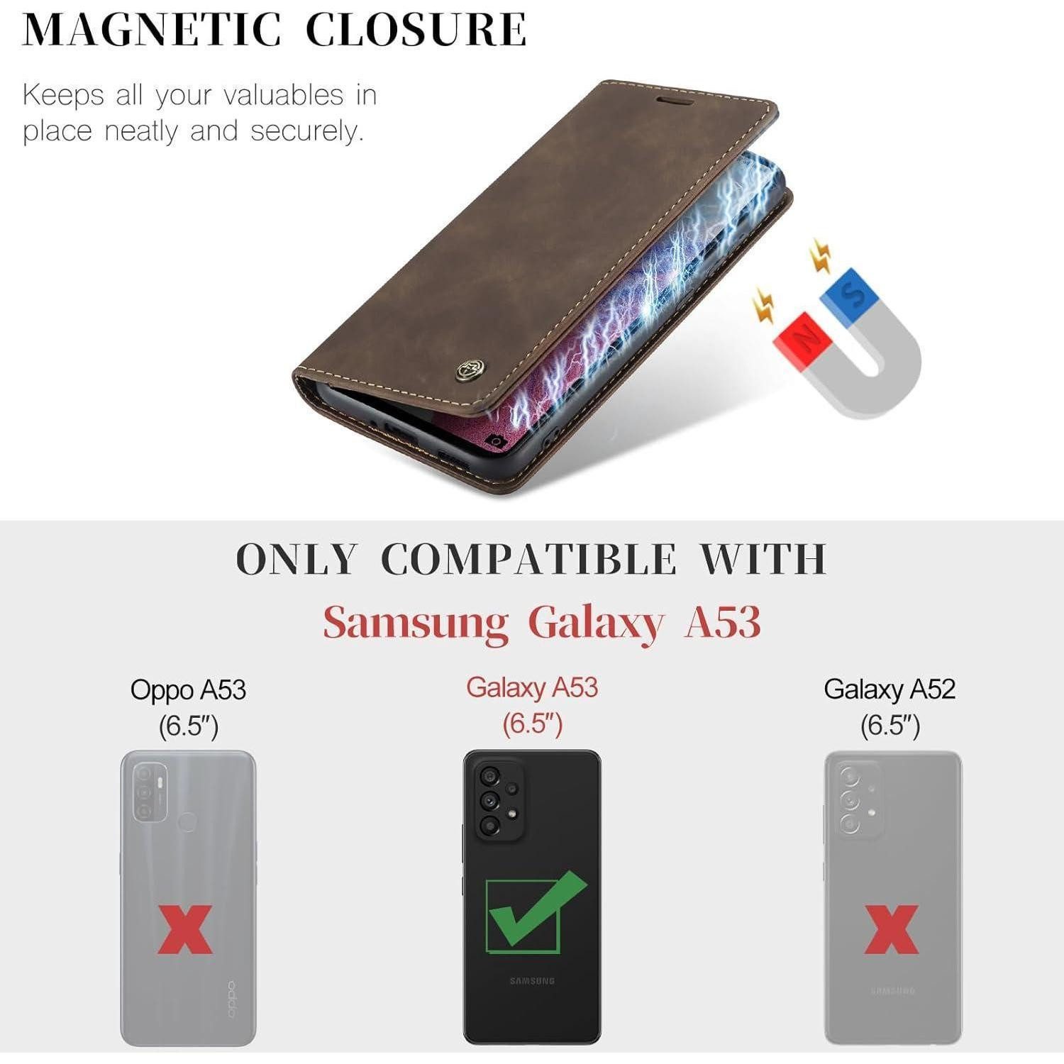 LuxusKollektion Flip Case Handyhülle Samsung Galaxy A53 5G Leder Magnet Kartenfach Stand Kaffee