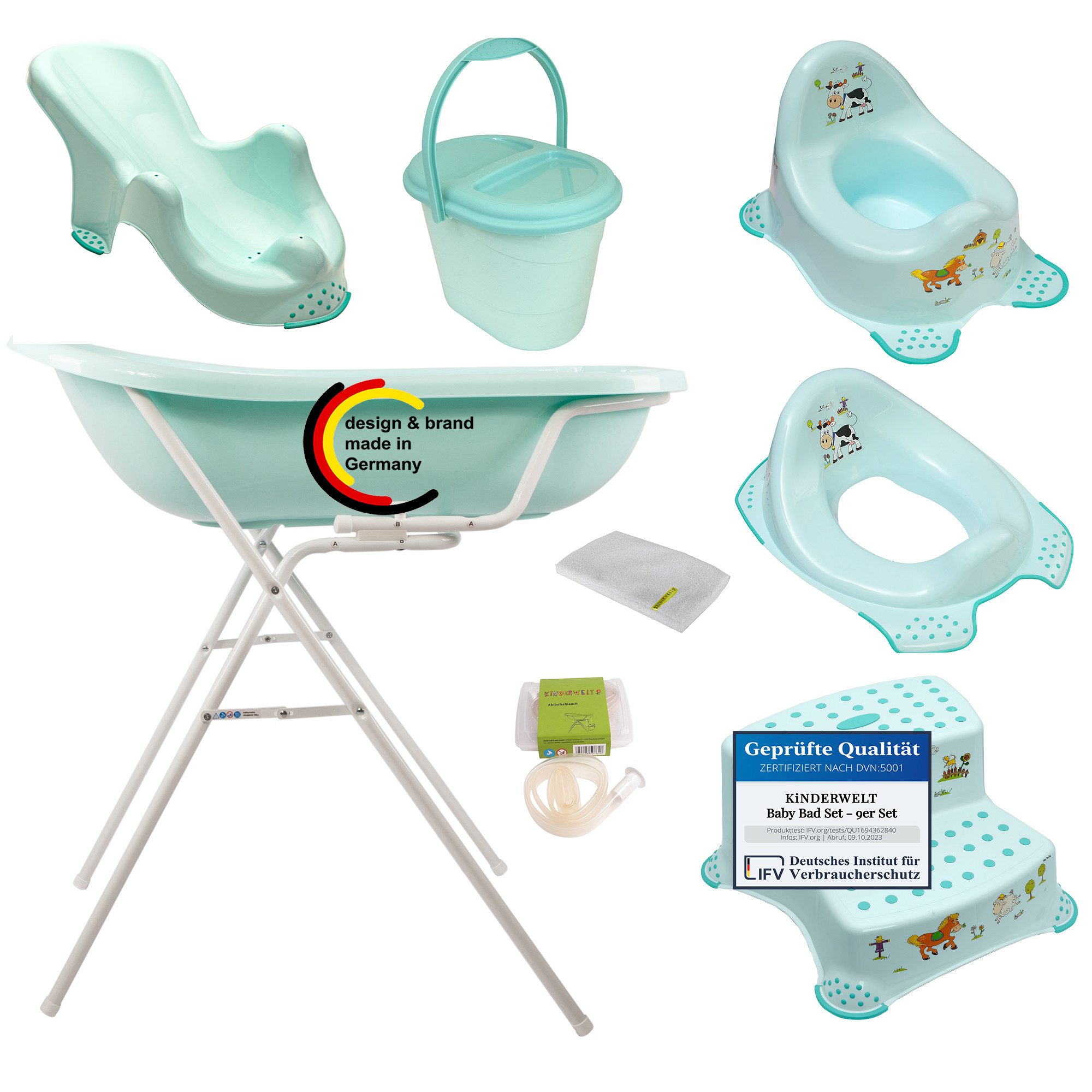Babybadewanne 9er Set Premium Funny Farm aquamarin