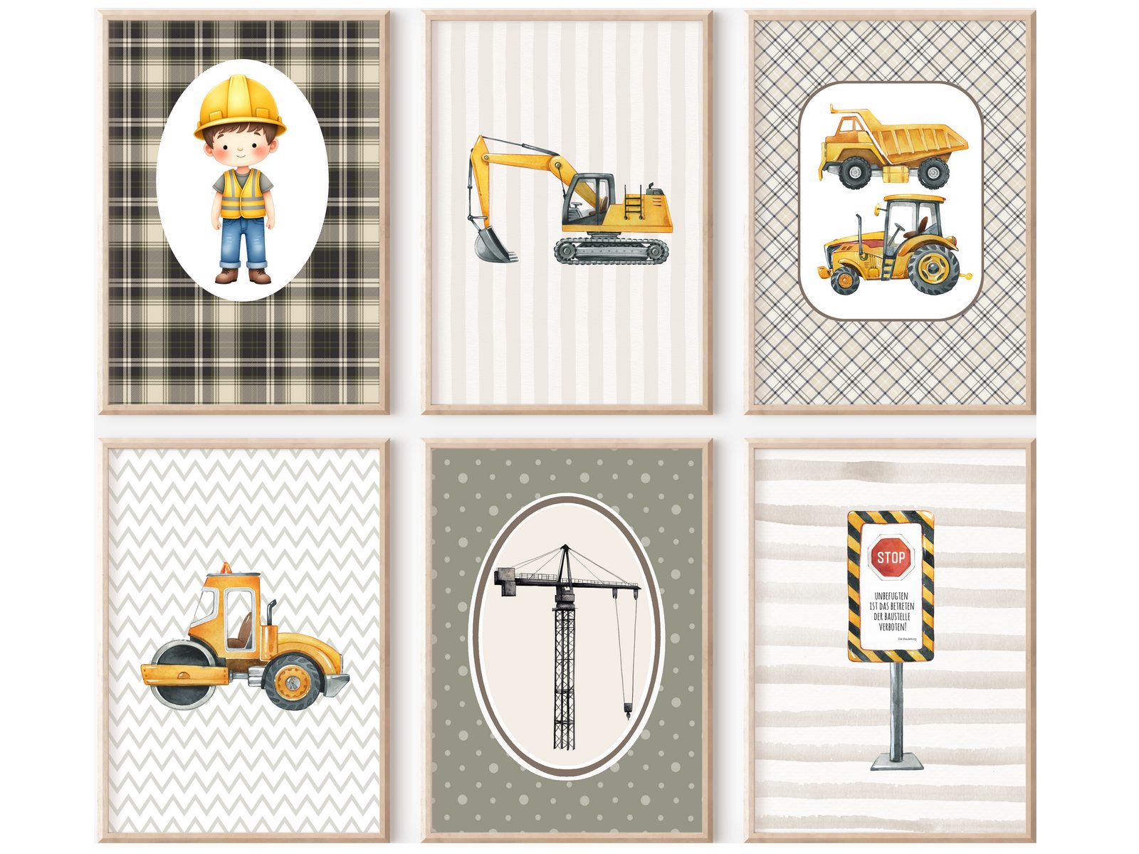 homestyle-accessoires Poster Kinderzimmer Bilderwand 6erSet Bilderset Babyzimmer BAUSTELLE, - Ohne Bilderrahmen - Sorgfältige & sichere Verpackung