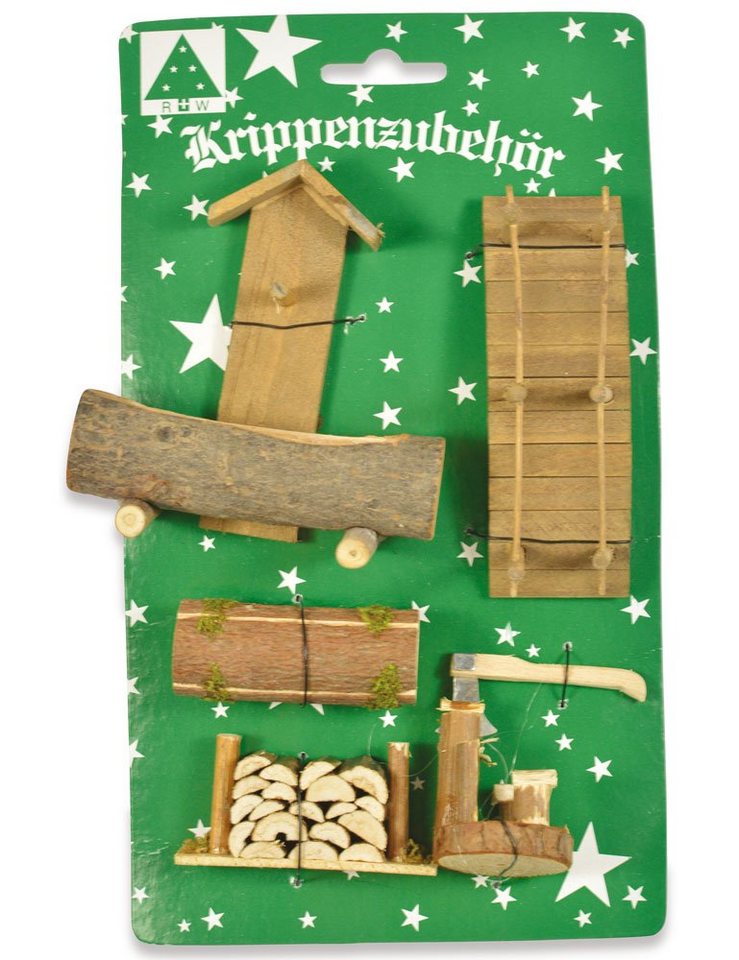 RIFFELMACHER & WEINBERGER Krippen-Zubehör Set Landschaft 78206, Natur -  Brunnen Brücke Baumstamm Brennholz Weihnachtskrippe (5 St), Brunnen -  Brücke - Baumstamm - Brennholz - Hauklotz mit Axt