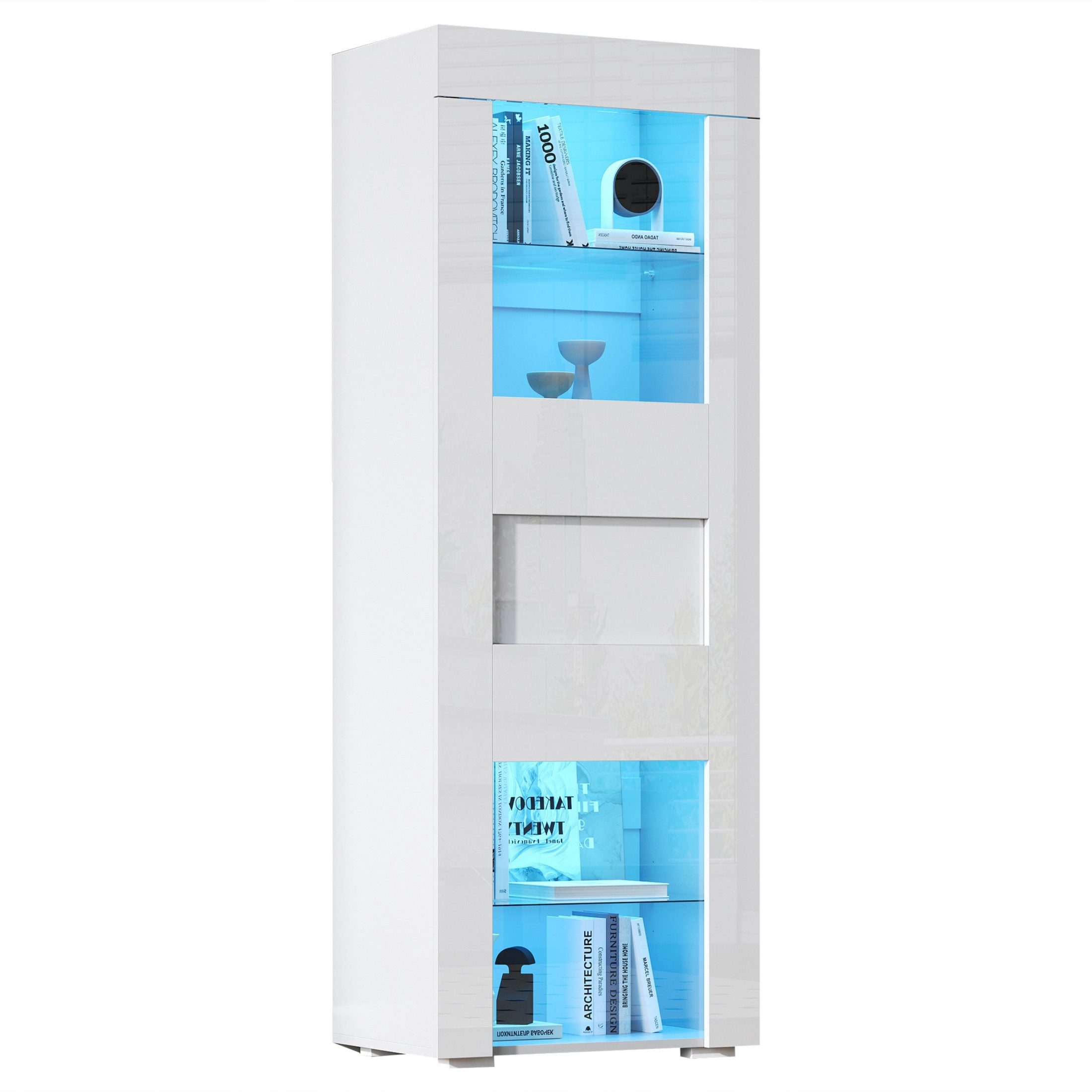 autolock Vitrine Glasvitrinen Hochglanz mit LED-Beleuchtung Schranktür aus Acryl (60*40*170 cm) Lagerschrank Schrank Hochschrank Wohnzimmerschrank Sofaschrank Weiß