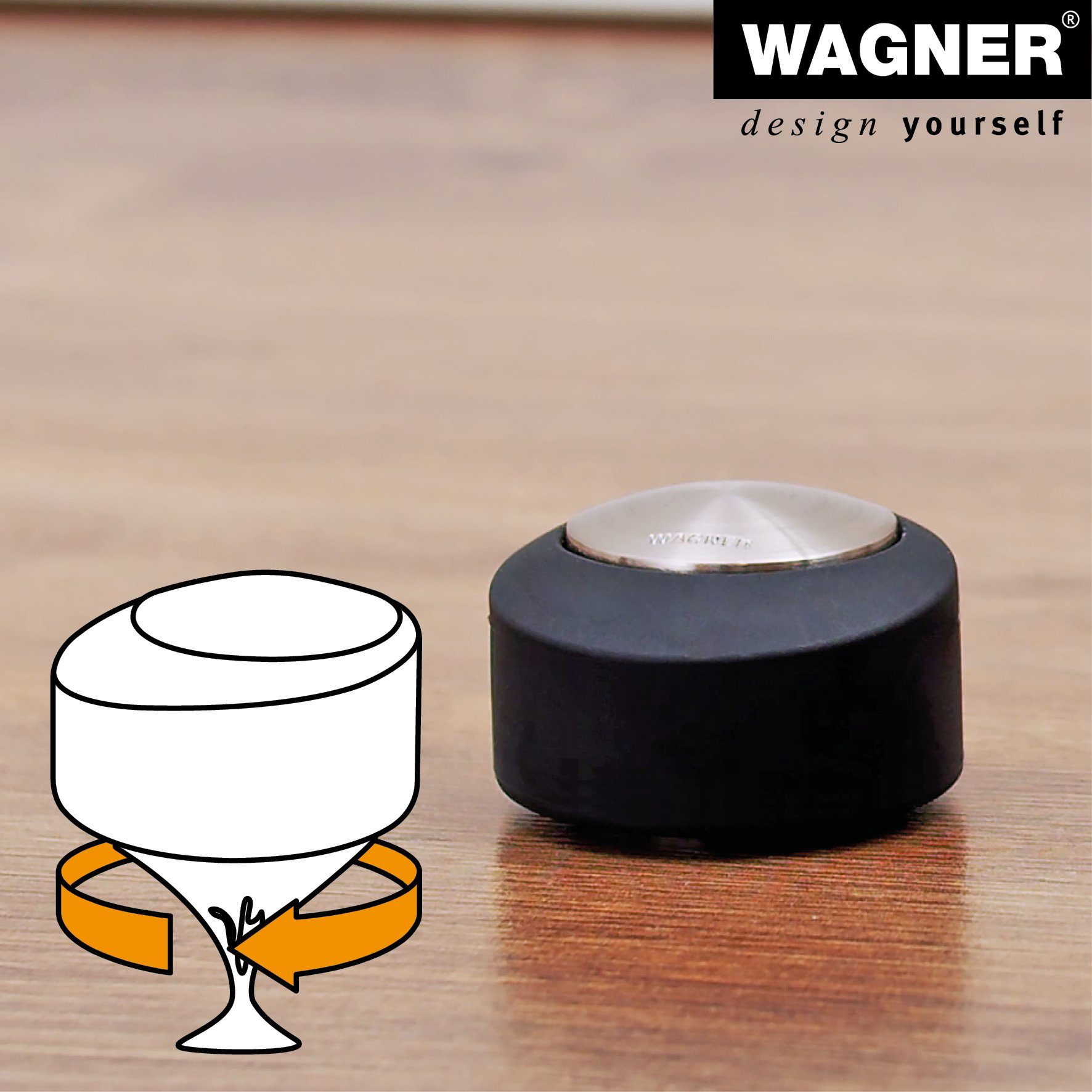 WAGNER design yourself Bodentürstopper SCREW OR GLUE / Schrauben oder Kleben - Durchmesser Ø 50 x 30 mm, Metall gebürstet, Edelstahloptik, thermoplastischer Kautschuk, Designpreis