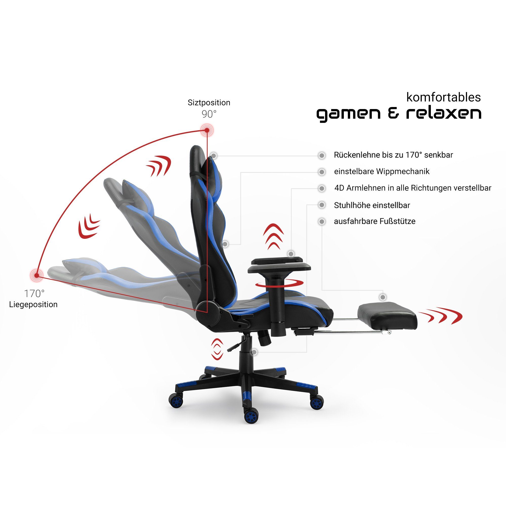 chair Gaming 4D-Armlehnen Lederoptik Stuhl in Stück), TRISENS Fußstütze Chefsessel gaming und mit (1 Schwarz/Blau Leo