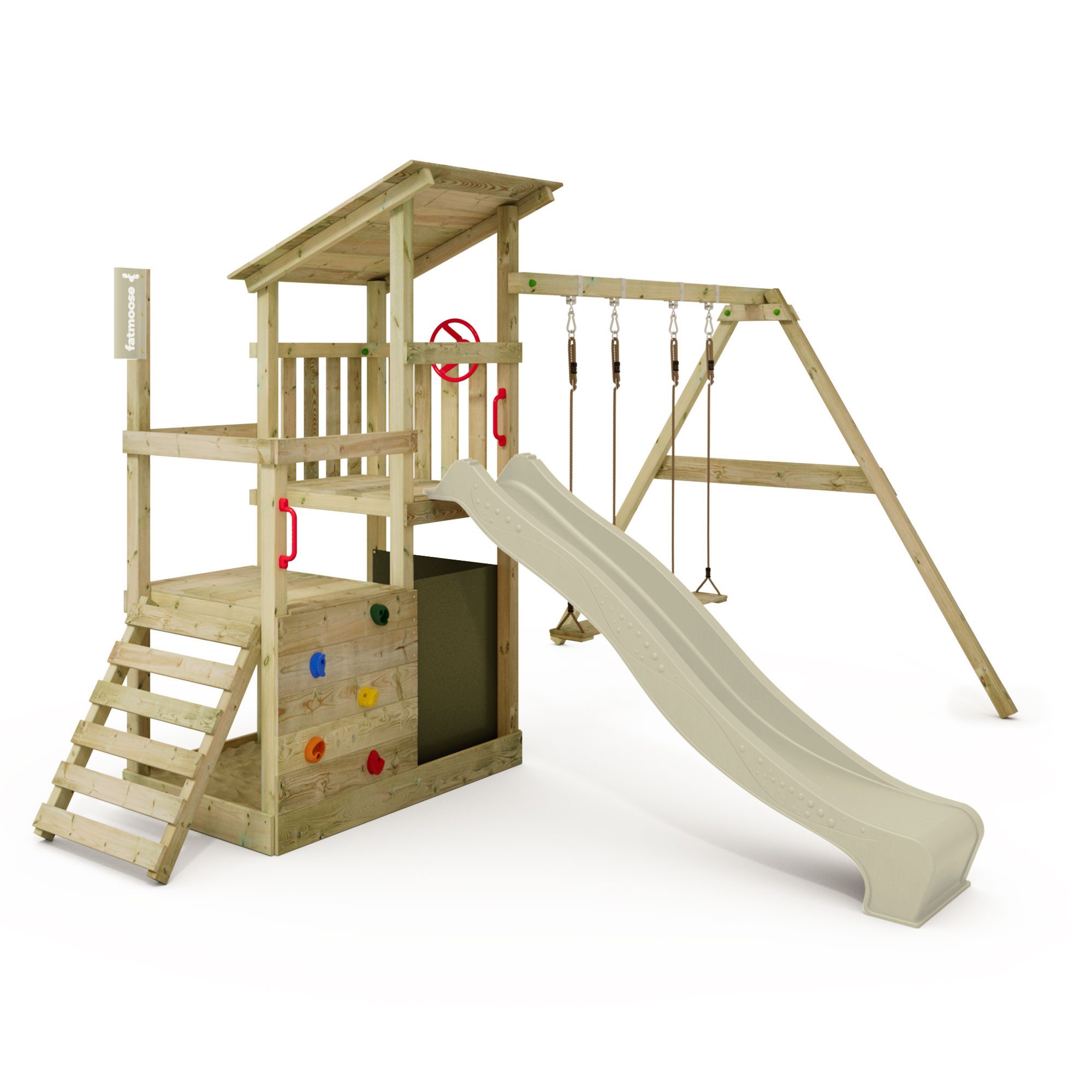 FATMOOSE Spielturm FruityForest Holz-Kletterturm mit Wellenrutsche, Schaukel & Sandkasten, - extrem witterungsbeständig mit 10 Jahren Garantie*