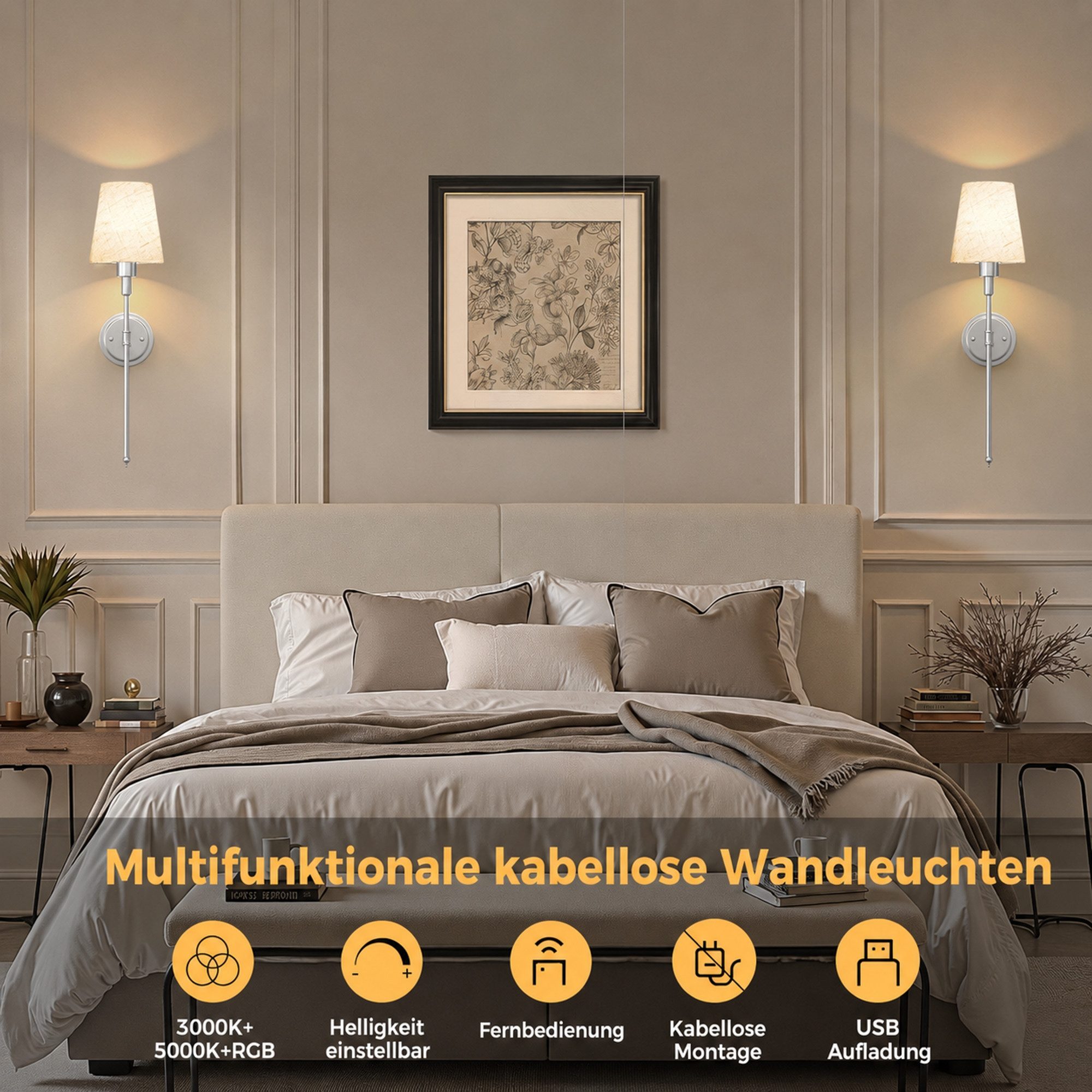 LOHAS-LED Wandleuchte 2er-Set kabellose Leinen-Wandlampen mit matt vernickeltem Metallrahmen, LED wechselbar, RGBCW, RGBCW dimmbar mit IR-Fernbedienung, aufladbare E26-Akkuleuchtmittel