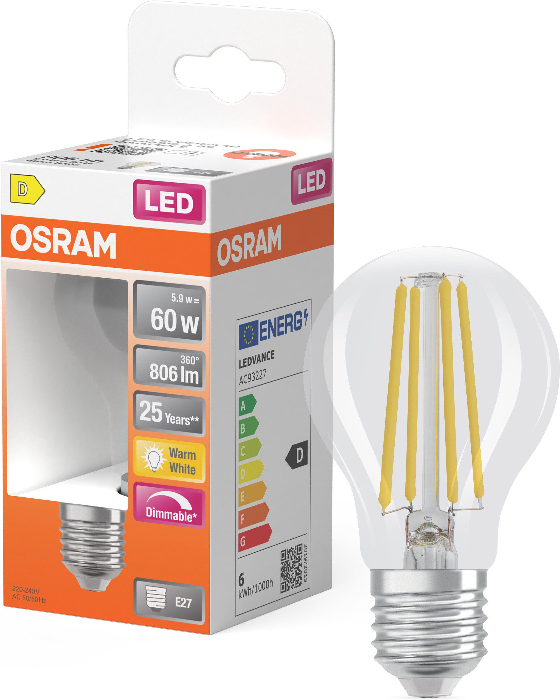Osram LED-Leuchtmittel LED-Lampe Superstar Kolbenform A60, E27, 1 St., Warmweiß
