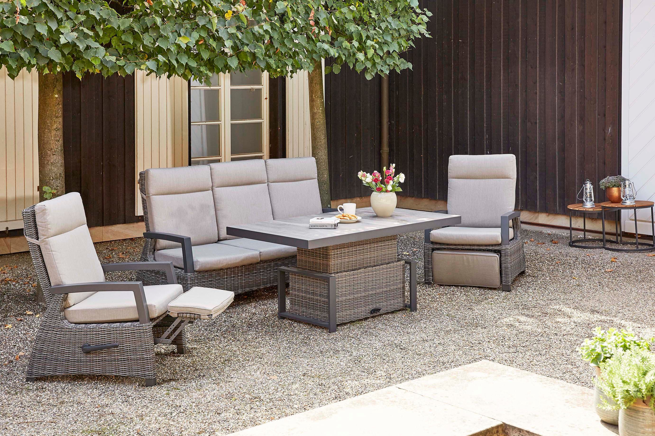 Siena Garden Gartenlounge-Set Corido, (Set, 9-tlg), bestehend aus 2 Sesseln, 1 Sofa, 1 Tisch und 5 Auflagen