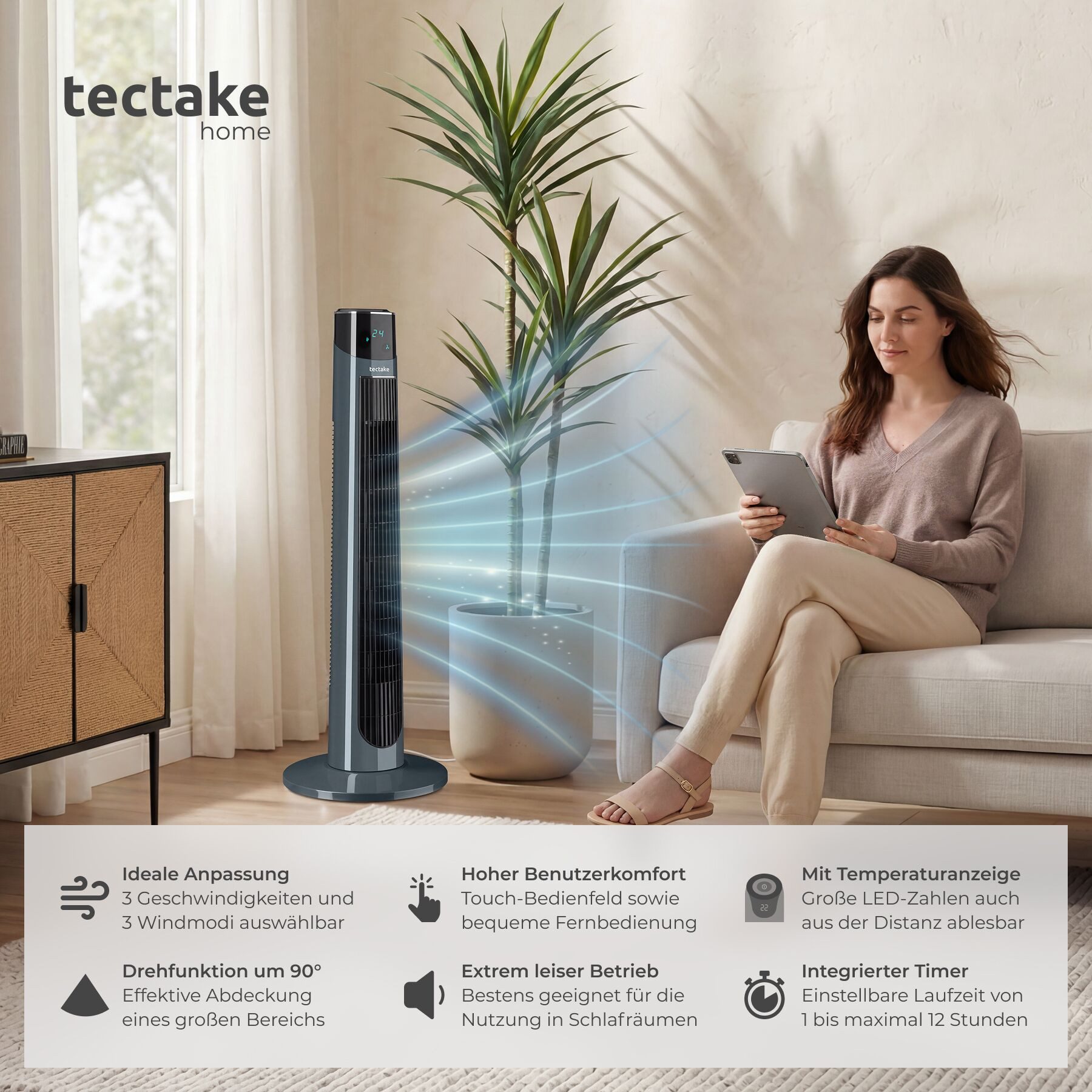 tectake Turmventilator Standlüfter Arktis in anthrazit, leise, Inkl. Fernbedienung, Schwenkfunktion, 3 Modi, 12-Stunden-Timer, Touchpanel und LED-Display